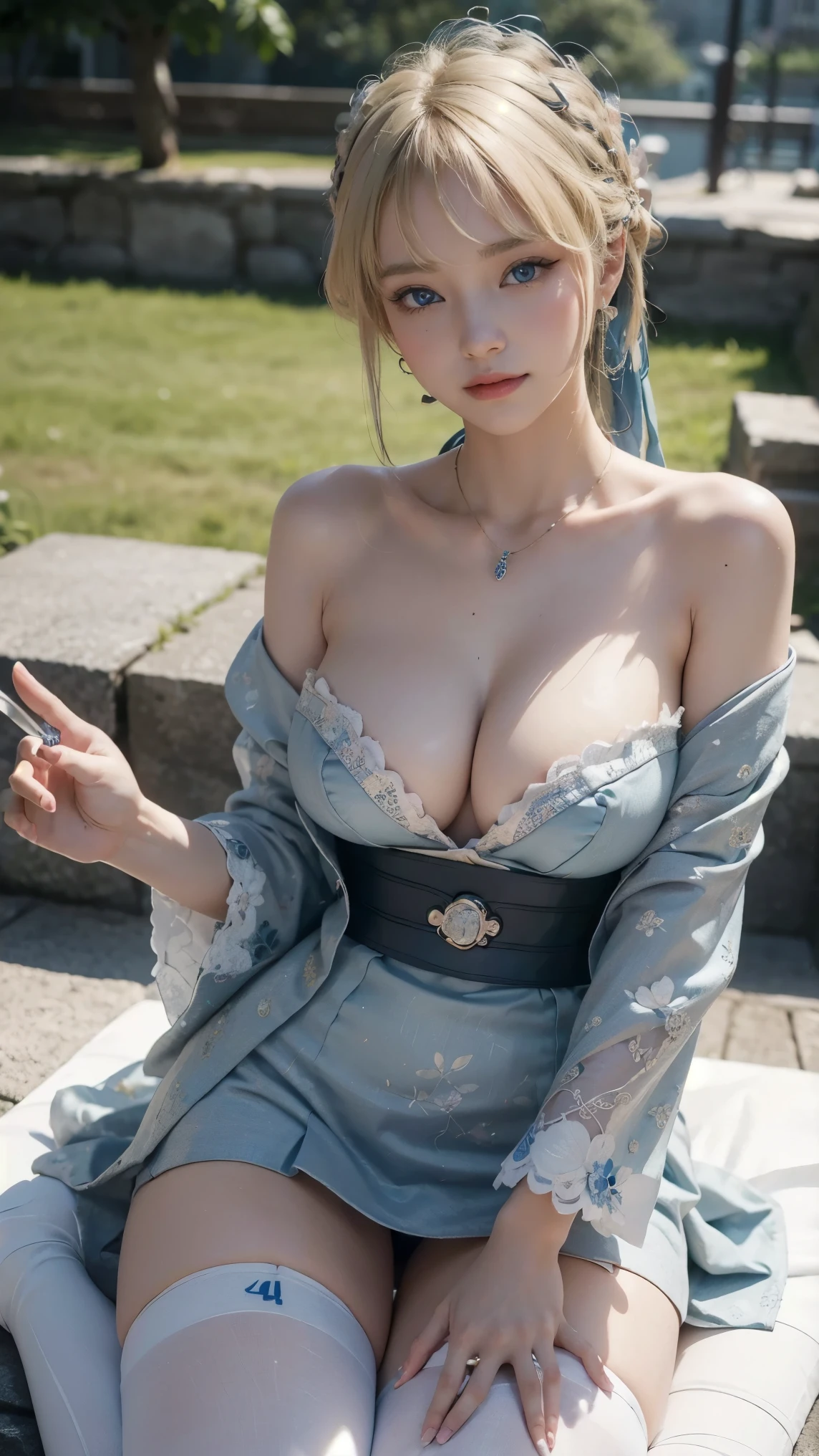 Asuma Toki,(best qualityer,4K,8k,high resolution,work of art:1.2)(weather: windy), Mondstadt bay background, japanese garden, japanese clothes, long sleeve kimono top, kimono corset, pleated mini skirt, flower head diadem, white pantyhose, flower embroidery, strap shoes, seashell necklace, flower earrings, cheek mole, short wavy hair, blonde hair, ultra detailed, realistic,portraite,beautiful detailed blue eyes, glowing eyes,blush,beautiful detailed lips,extremely detailed eye and face, long eyelashes,sexly,average, large breasts,beaming smile, flirty smile,powerful girl, sexy pose, stunning curves, bright coloured,dramatic lighting, petals flying,