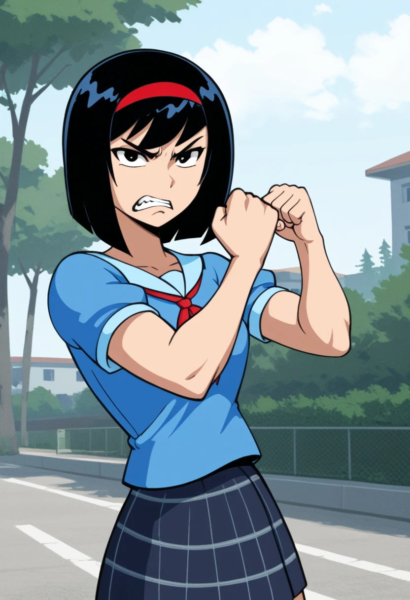 KPYoriGirl, score_9, 1girl, solo, blue shirt, skirt, outdoors, in school, clenched fist, frown, looking at viewer, chenched teeth, angry