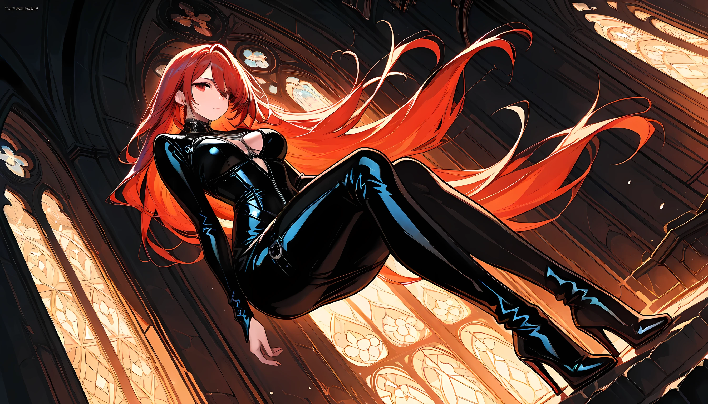 a comic fantasy art of a female vampire wearing black leather dress that has  ((full body: 1.5)), exotic beautiful female vampire l((anatomically correct: 1.5), (ultra detailed face: 1.2), best detailed face, busty, dynamic hair color, dynamic hair style,  ((black leather dress: 1.5)), intricate leather dress, glam leather dress, wearing high heeled boots, catholic church background, vibrant, Hyperrealism style, vibrant, Ultra-high resolution, High Contrast, (masterpiece:1.5), highest quality, Best aesthetics), best details, best quality, highres, ultra wide angle, 16k, [ultra detailed], masterpiece, best quality, (extremely detailed) 