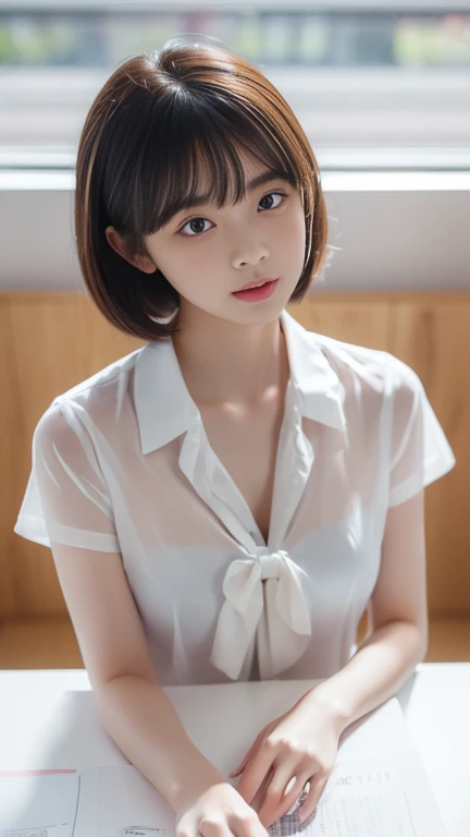 (8k、top-quality、​masterpiece:1.2)、(realisitic、Photorealsitic:1.37)、ultra-detailliert、 1 人、cute little、独奏、Beautiful detailed sky、Detailed Cafe、natta、sitting on、date、(Nasal blush)、 (a smile:1.15)、(a closed mouth)、small tits、Fine and beautiful eyes、(shirt with collar:1.1)、Wet、Transaction service、White lace、(short-hair:1.2)、Float NovaFrogStyle、toppless、Fromside:1.3