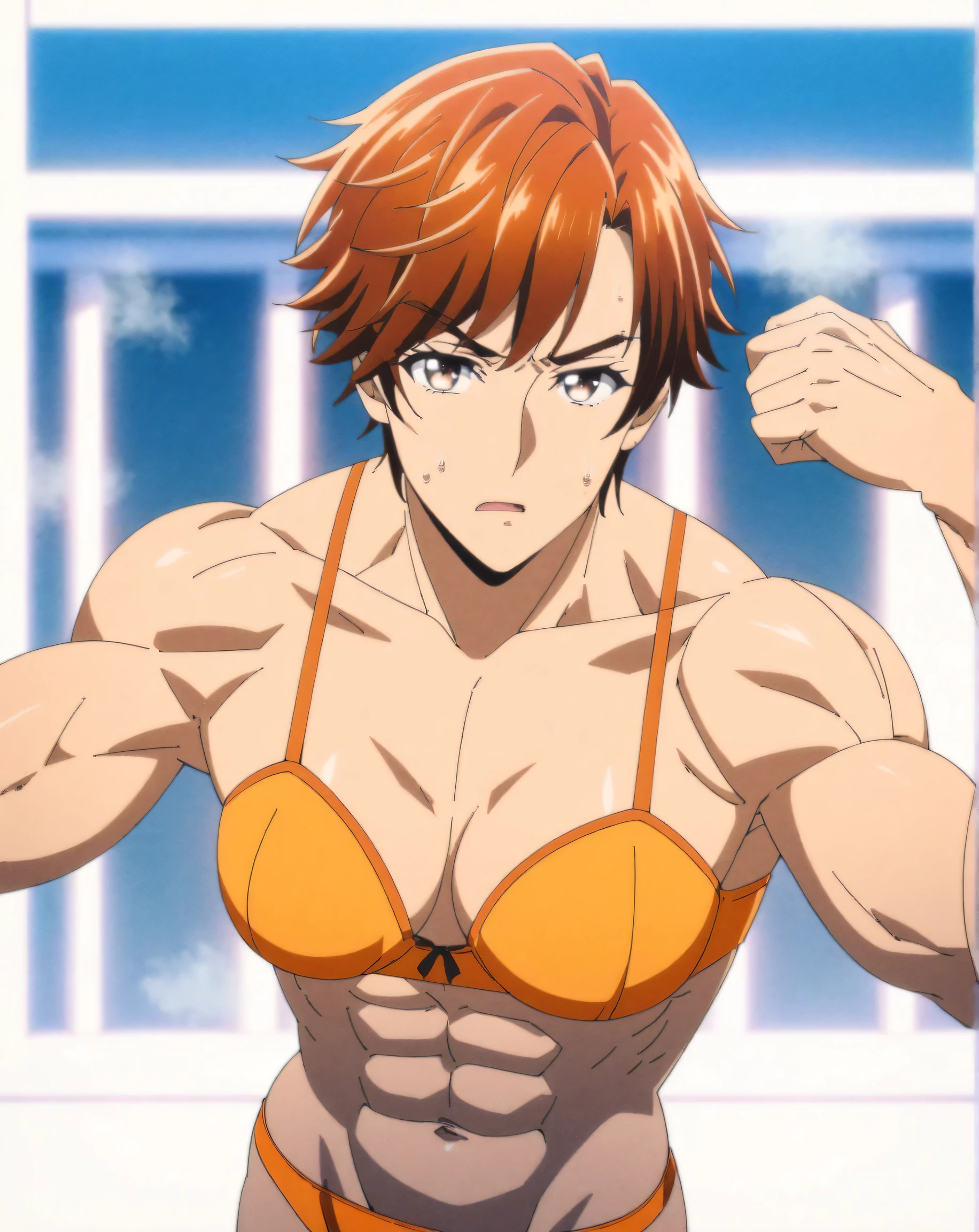 score 9 , score 8 up, score 7 up, 1boy, Orange Goodと orange pantiesを着たアニメの男性, alone,  Takano Aya Color Style , Orange Good, front, Only , clothing:Orange Good、 orange panties, cold, SHORT RED HAIR MAN , Short brown haired man, brown eyed man,  ANIME MAN STANDING ,  boys, female ,   anime style , midriff, abs,navel, stomach,  adult  appeal, Strong vibe ,  BEAUTIFUL ATTRACTIVE ANIME TEEN , bra with an orange,  Tight Body ,  with an orange, Only , looking at viewer, cowboy shot,  male focus , (manly:1.5), (male body:1.5),
