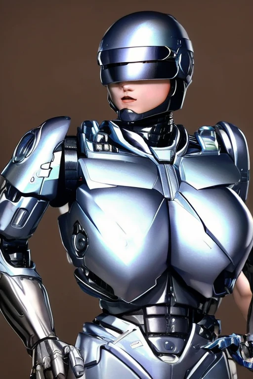 High-quality, (complete image)  A cool and charming face, RoboCop armor,  RoboCop helmet,  A beautiful and sexy young woman, 18 years old,  Toned and muscular,  Cool and attractive,  Sharp eyes,  Big breasts.