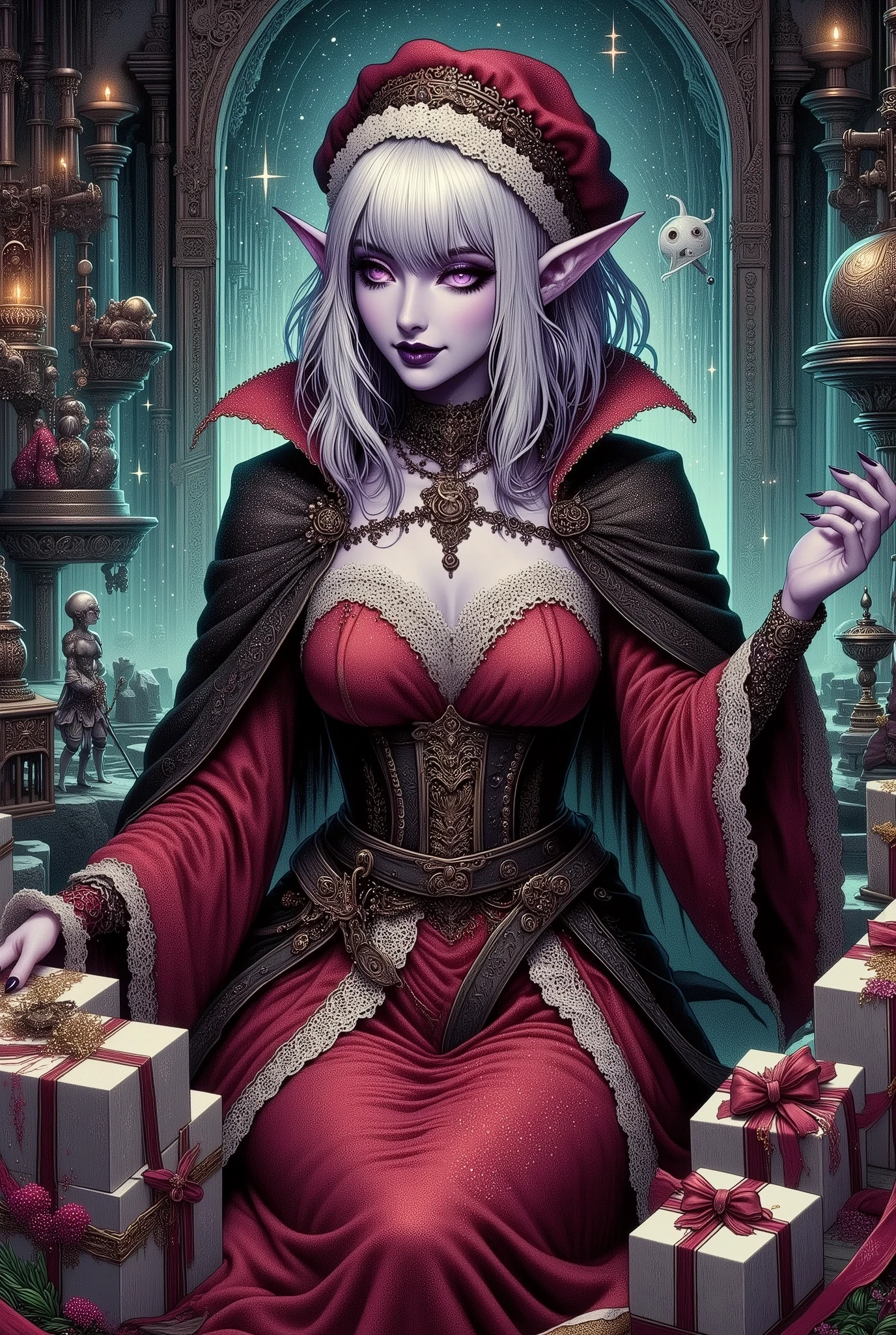 (Ultra-detailed face, Looking away, Fantasy Illustration with Gothic, Dark tone colors. Perspective looking up at the queen's throne.), BREAK 
(Christmas Eve night. In the Queen's Room of a huge gothic castle made of gears, pipes and glass. Next to a throne on a dais, a dark elf queen in a Santa Claus-style red dress smiles coldly and reaches out to hand you a box of Christmas presents with a large ribbon. Elves fluttering on tiny wings flit about among the queen, sprinkling light dust, and attendants and maids of honor dressed in medieval European-style costumes stand in line by the wall.), BREAK 
(A young dark elf queen with white hair, white eyebrows, blunt bangs, waist-length long messy hair, lavender glowing eyes, small pink lips, dark purple skin, and thick eyeliner.), BREAK 
(The dark elf queen wears a Santa Claus hat with gears, a Santa Claus-style dress of crimson transparent fabric with gold trim and silver lace ruffles over a gears, pipes, and glass body, a wide jet-black sash with gold trim around her waist, and an archaic dagger at her hip. High, braided ribbons like flames. She wears heels.), BREAK 
(The building and all the furniture in the room are made of gears and pipes and glass machines and magical contraptions. A view of the audience chamber of the queen of the elemental chaos world.)