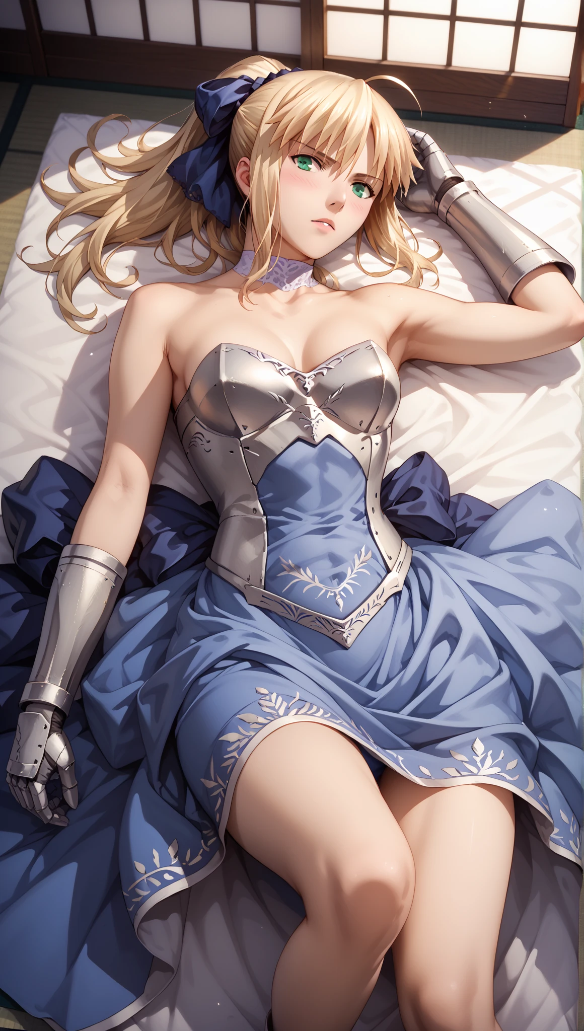 1girl, Artoria Pendragon from Fate Stay Night, long hair, blonde hair, green eyes, ponytail, ahoge, dress, ribbon, armor, gauntlets, armored dress, blue dress, medium breasts, lying down, blush, wide hips, hourglass figure, intricate detail, hyper-anime, trending on artstation, 8k, stunning shading, highly detailed, realistic, dramatic lighting, beautiful, animation, sharp focus, award winning, masterpiece, cinematic, dynamic, cinematic lighting, breathtaking, exquisite, great attention to skin and eyes, exceptional, exemplary, unsurpassed, viral, popular, buzzworthy, up-and-coming, emerging, promising, acclaimed, premium, traditional Japanese house, 