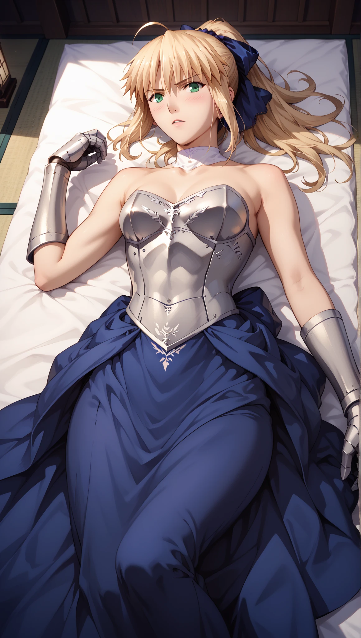 1girl, Artoria Pendragon from Fate Stay Night, long hair, blonde hair, green eyes, ponytail, ahoge, dress, ribbon, armor, gauntlets, armored dress, blue dress, medium breasts, lying down, blush, wide hips, hourglass figure, intricate detail, hyper-anime, trending on artstation, 8k, stunning shading, highly detailed, realistic, dramatic lighting, beautiful, animation, sharp focus, award winning, masterpiece, cinematic, dynamic, cinematic lighting, breathtaking, exquisite, great attention to skin and eyes, exceptional, exemplary, unsurpassed, viral, popular, buzzworthy, up-and-coming, emerging, promising, acclaimed, premium, traditional Japanese house, 