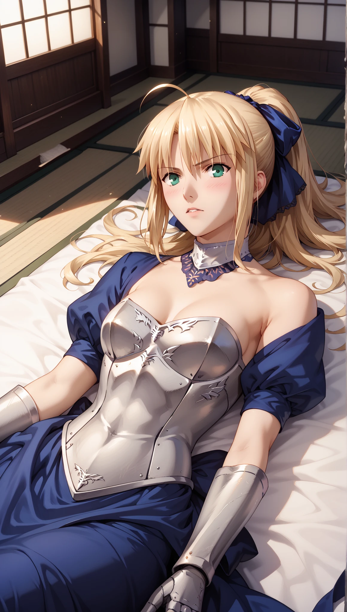 Best Quality, masutepiece,Saber, Faltria, 1girl in, Solo, armor,  Armored dress, blazing, gauntlets, Holding, breastplates, Hair bun,  full bodyesbian, legs are open, undergarment:only panties,   Panty Pose, (Fully exposed panties:1.5)、 (Panties:1.3), (lying on back, head on pillow:1.6), ( closed legs:1.2),
(lower body, looking at viewer :1.4),