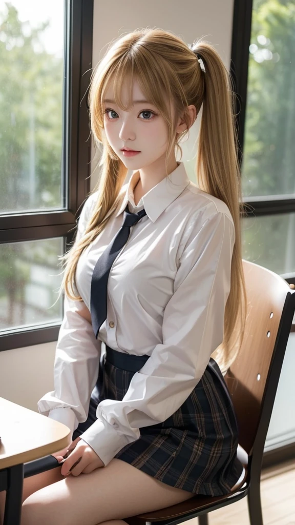 ( Highly Detailed CG Unity 8K Wallpaper,  masterpieces during breakfast ,  top quality,  Ultra Details ),School classroom atmosphere, sunlight filtering through the trees,Beautiful blonde high school girl with twin tails and ahoge(D Cup),Cute blond high school student with a smartphone ,Tinker,Beautiful black-haired schoolgirl,Thin and flat chest,  in,Sitting on a chair、He is having a conversation with a blonde girl sitting at a desk.,evening.