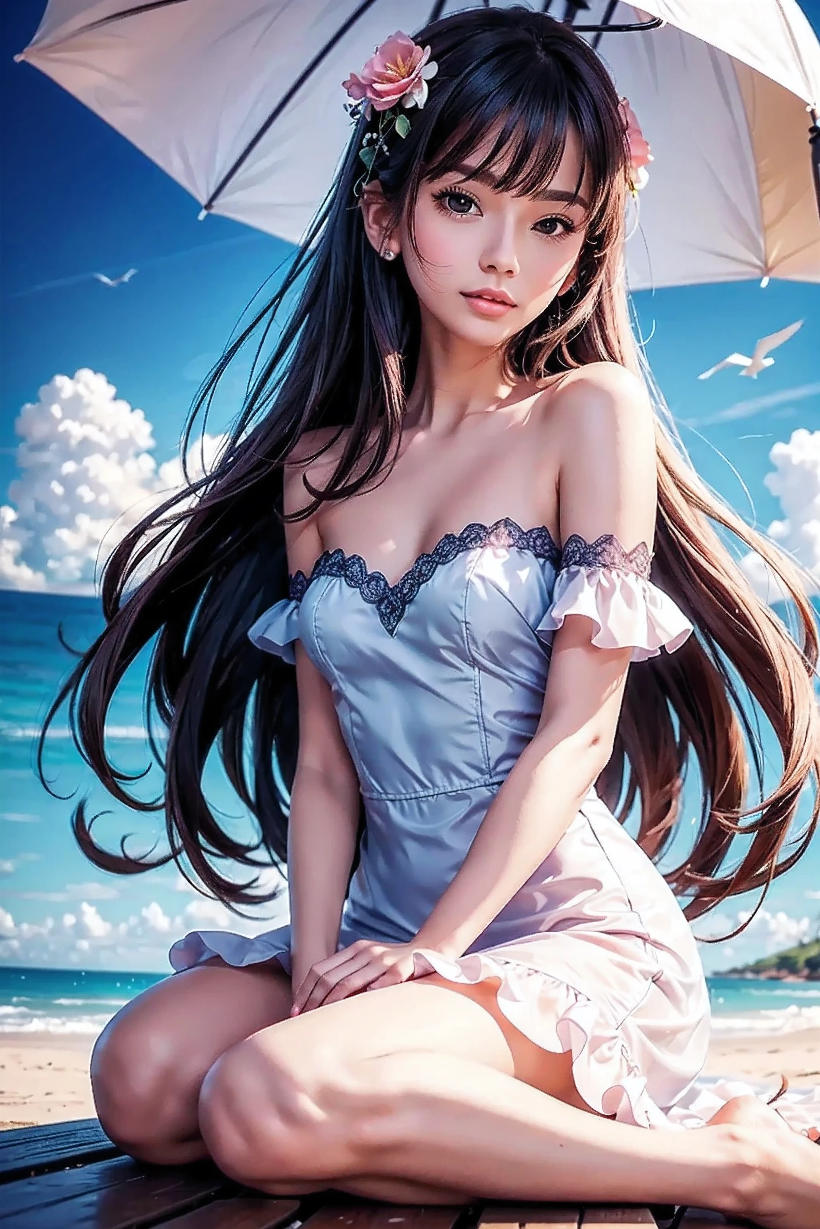 Beautiful and charming woman in fashion trend., full body: 1.6, holding flowers, Random hairstyle, Sitting under an umbrella, by the sea, Random color tight dress, the wind blows the hair, blue sky and white clouds, Delicate and sexy clavicle, covering the chest, Lovely goose egg face, double eyelids, intelligent peach blossom eyes, pink lips, small, upturned nose, bare shoulders, Focused face, Close-up of the face, Ultra high definition, Super detail, ultrafine translucency, Fresh and good, transparent, rosa