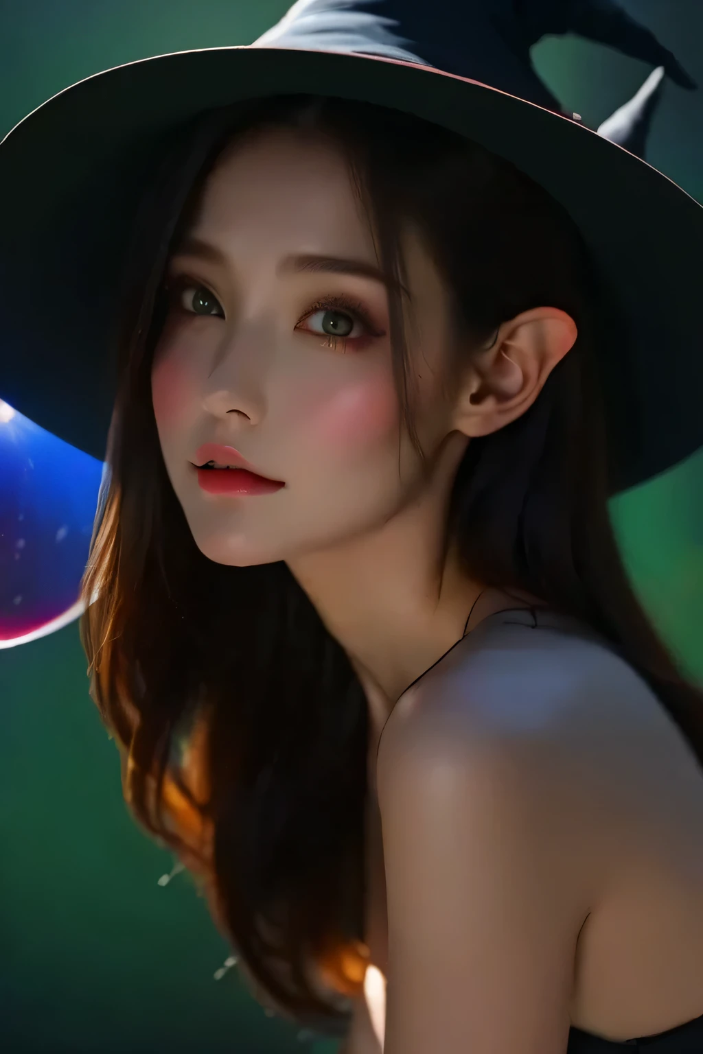  top quality,  high definition ,  1 girl, Elf,  witch hat ,   nebula floating in space  , Energy sphere, Particles of light,  shiny hair,  Shining Stars , fantasy,