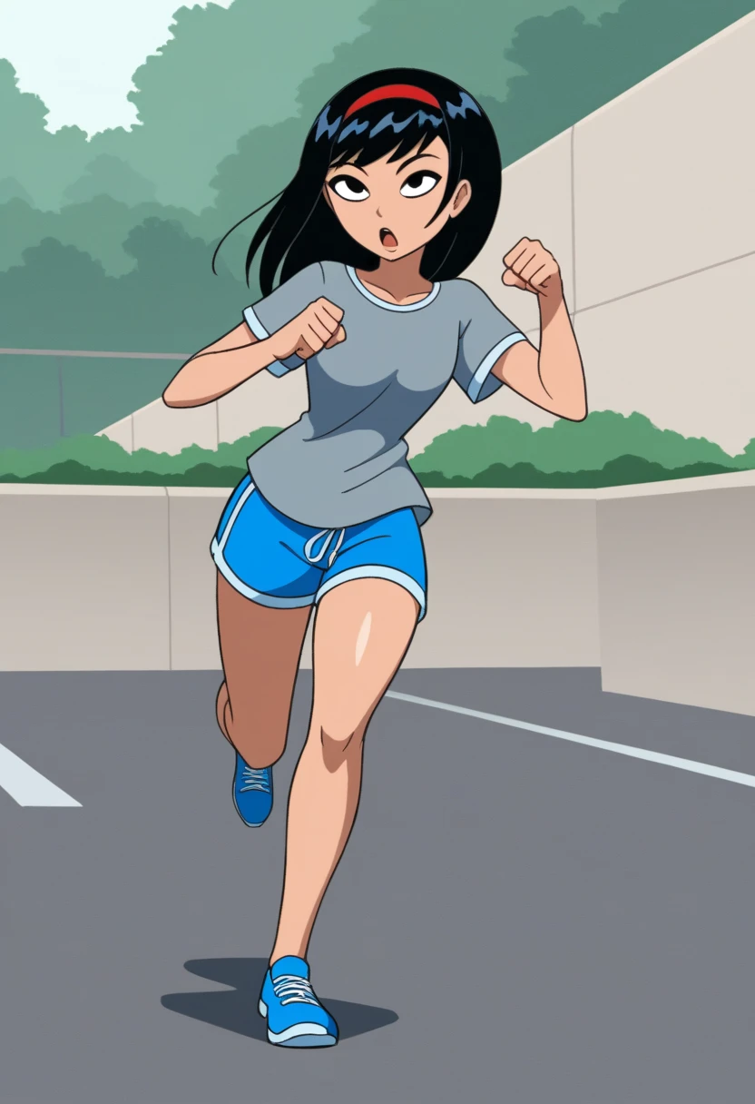 KPYoriGirl, score_9, 1girl, solo, outdoors, in school, oversized gray tshirt, blue shorts, running pose, determind,