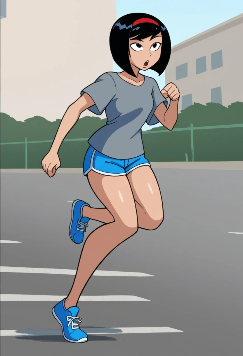 KPYoriGirl, score_9, 1girl, solo, outdoors, in school, oversized gray tshirt, blue shorts, running pose, determind,