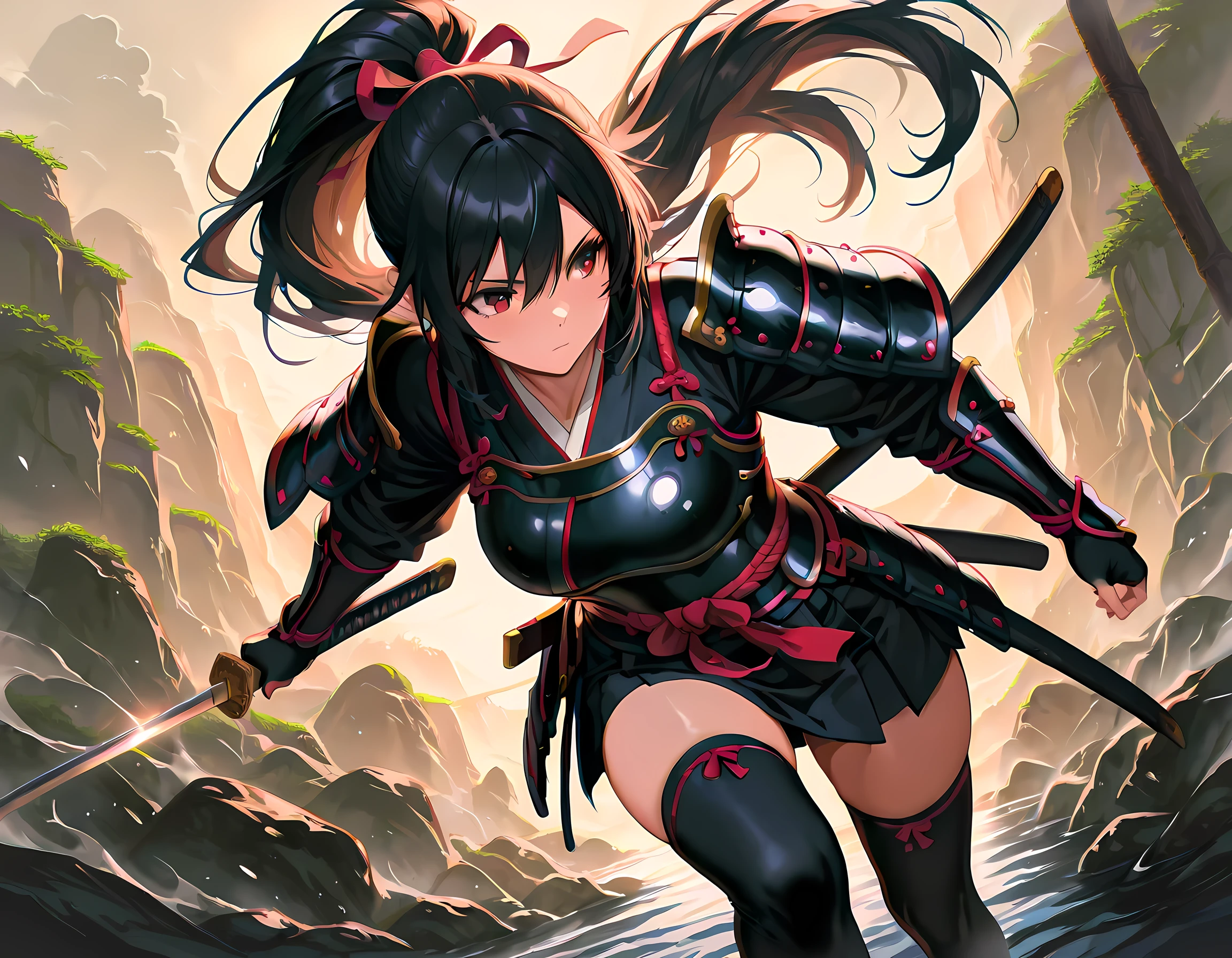 a picture of Japanese female samurai, she has long black hair, wearing samurai armor, armed with a katana, ready for battle, dynamic angle,, Japanese fantasy art, (Masterpiece: 1.5), 16k, highres, best quality, high details, ultra detailed, masterpiece, best quality, (extremely detailed), arafed, dnd art, 