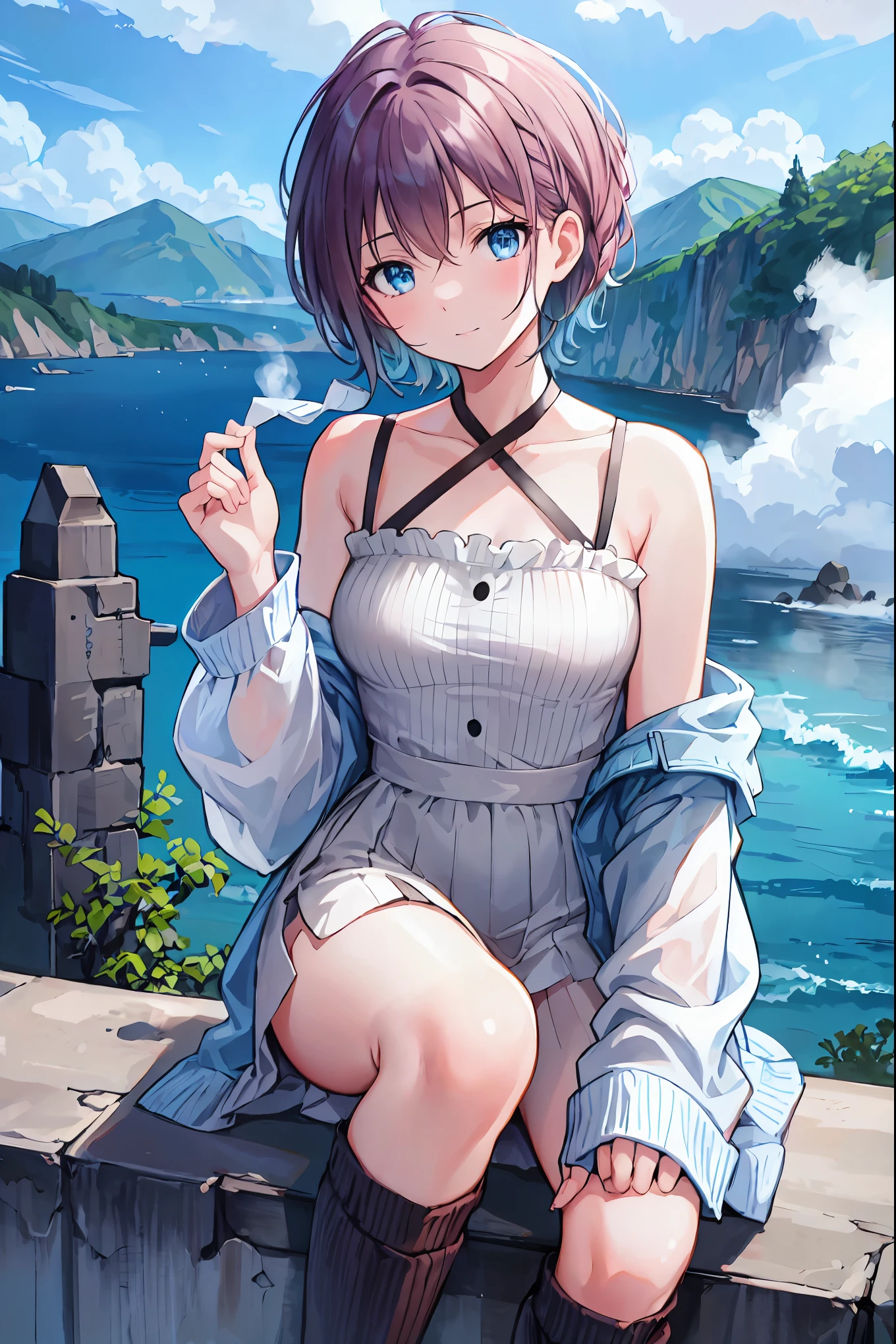 echo-san,
dress shirt,
red suspender skirt,
bob cut,
black hair,
short sleeve,
High resolution,Sharp focus,(Super detailed,Very detailed),(Very detailed CG unity 8k wallpaper),(((Vibrant colors))),{best illustration},
Complex eyes,Beautiful Eyes,Symmetrical eyes,Big eyes:1.5,Seductive eyes,Perfect Fingers,(Detailed body),(Detailed face)), cute,small breasts,
shiny 肌,very shiny 肌,Shiny body,plastic glitter 肌,exaggerated shiny 肌,illuminated 肌,
Dynamic Pose,smile, Open your mouth, Put your hand on your cheek,
Outdoor,wood,scenery,Chair,Beach,bucket,Day,food,umbrella,palm tree,sand,null,boat,Fruits Sea,table,water,
cup, shade, lounge chair, beach chair,plant,dish,Bottle,cloud,beach umbrella,Shadow,towel,Dazzling Light,