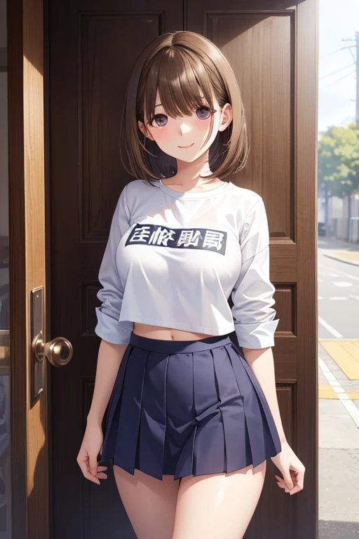 masterpiece, best quality, ultra detailed, ultra high resolution, very detailed face, solo, ((anime)), 22 years old japanese girl, (((t-shirt, croptop, short skirt))), ((brown bob hair)), (((medium breast))), ((good mood)), standing in the room