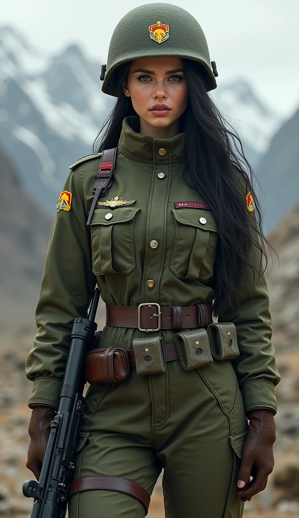 A beautiful woman ((Katrina kaif:1.2)) in ((insanely indian Military Chic Outfit)), sharp focus, Nikon Z 85mm, unparalleled masterpiece, ultra-realistic 8k photos, best quality, masterpiece, (photorealistic:1.2), (realistic:1.5), (hyper realistic:1.2),(realistic human skin:1.6), (detailed clothes features), (High Quality: 1.2), Raw photo, (Perfect body shape), Uniform, Unobtrusive,