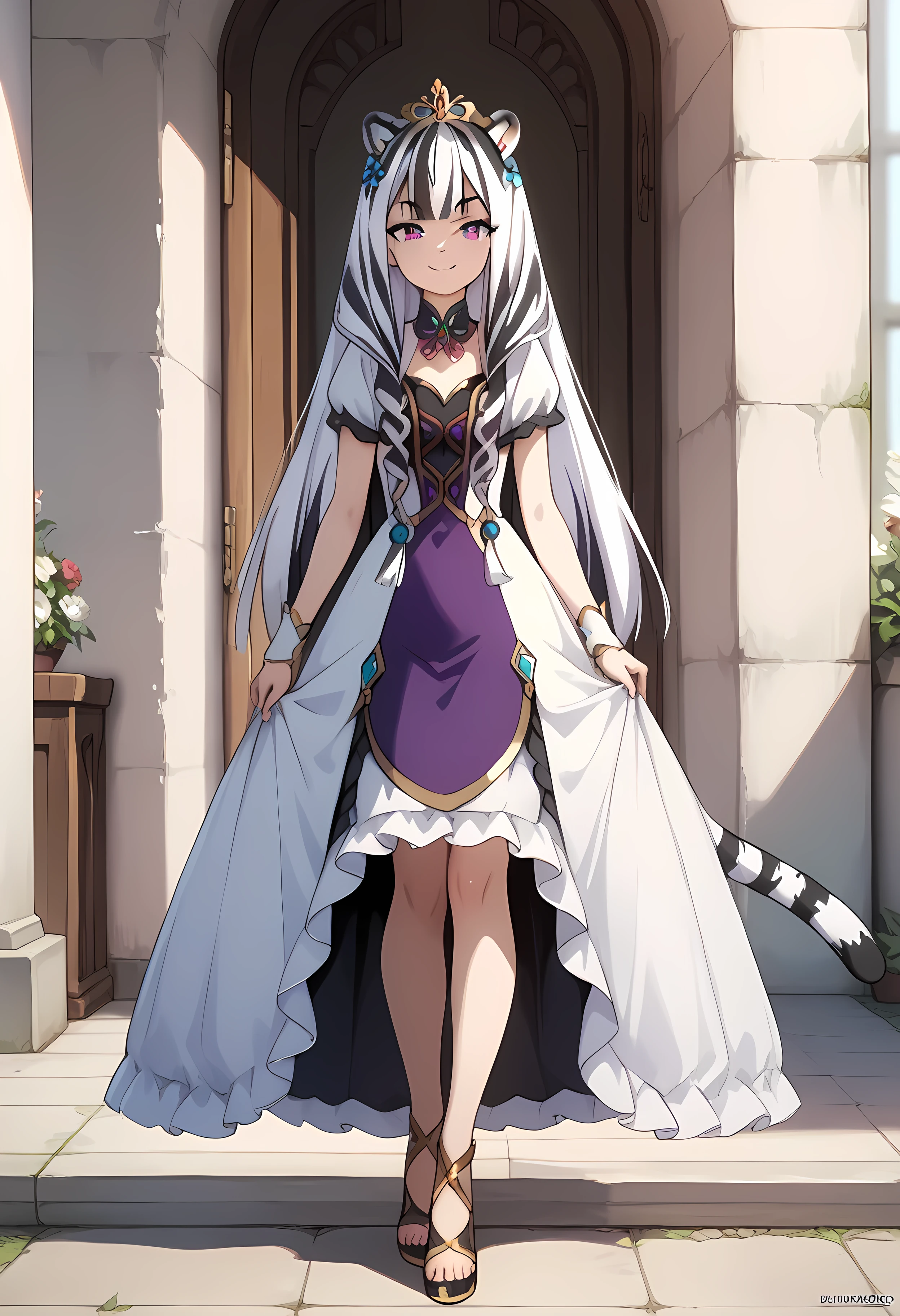 ((masterpiece)), 1girl, solo, long hair, white hair, black hair, multicolored hair, white tiger ears, white tiger tail, open eyes, purple eyes, looking at viewer, front view, standing, smug smile, bridal dress, purple dress, black dress, multicolored dress, full body.