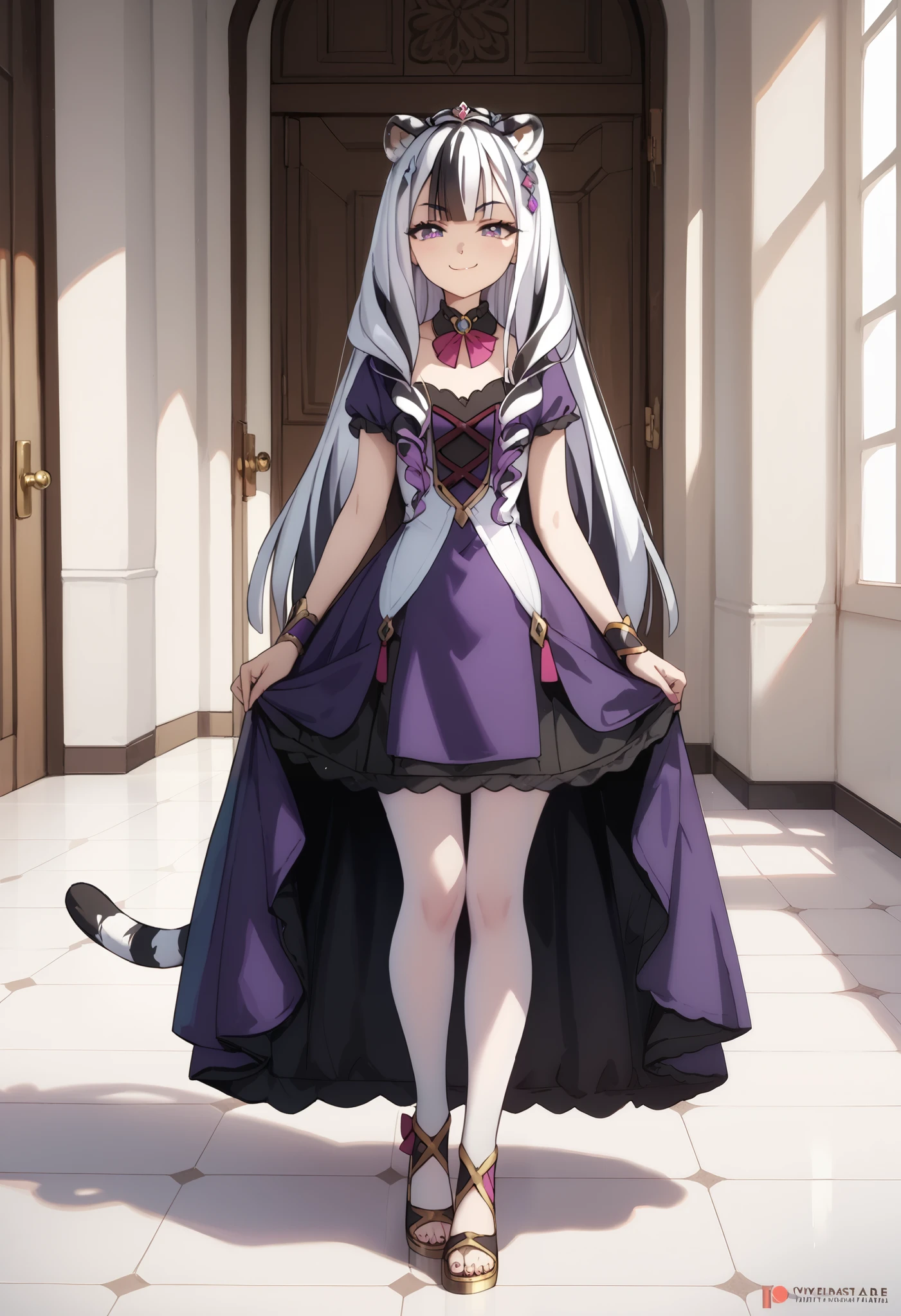 ((masterpiece)), 1girl, solo, long hair, white hair, black hair, multicolored hair, white tiger ears, white tiger tail, open eyes, purple eyes, looking at viewer, front view, standing, smug smile, bridal dress, purple dress, black dress, multicolored dress, full body.