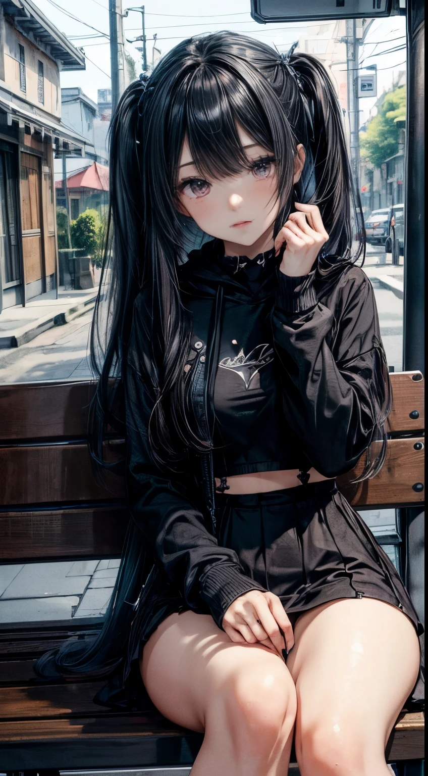 (masterpiece), (best quality:1.1), (ultra-detailed:1.1), (extremely delicate and beautiful), (best irritability:1.2) One girl sitting on a bench at night, black hair, long hair, long bangs, blue inner hair color, sien moyen, oversized hoodie, night, rural, old bus stop under dim light, high quality, integralement recouverte par une combinaison de plongée noir , colant noir, jambes fin , beau corps, kawaii