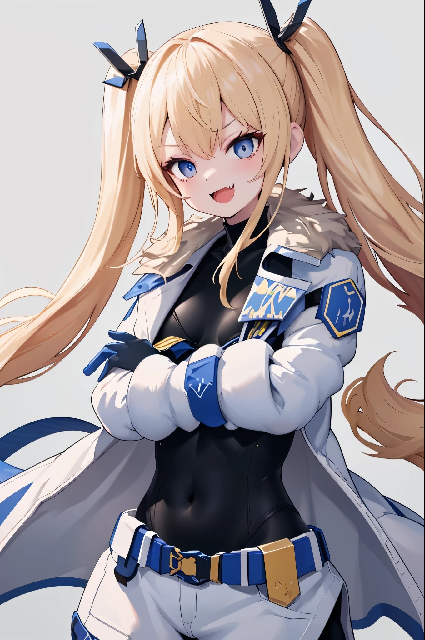 1petite_girl,masterpiece, highest quality,laplace,hair ornament, belt,white_front_open_coat_on_black_bodysuit,fur trim, gloves, blue boots,(upper body),open mouth,(crossed arms),(Standing in honor),big_Smile, smug_face, laugh,open_mouth,fang, bandage_on_cheek,:3 ,navel,groin,