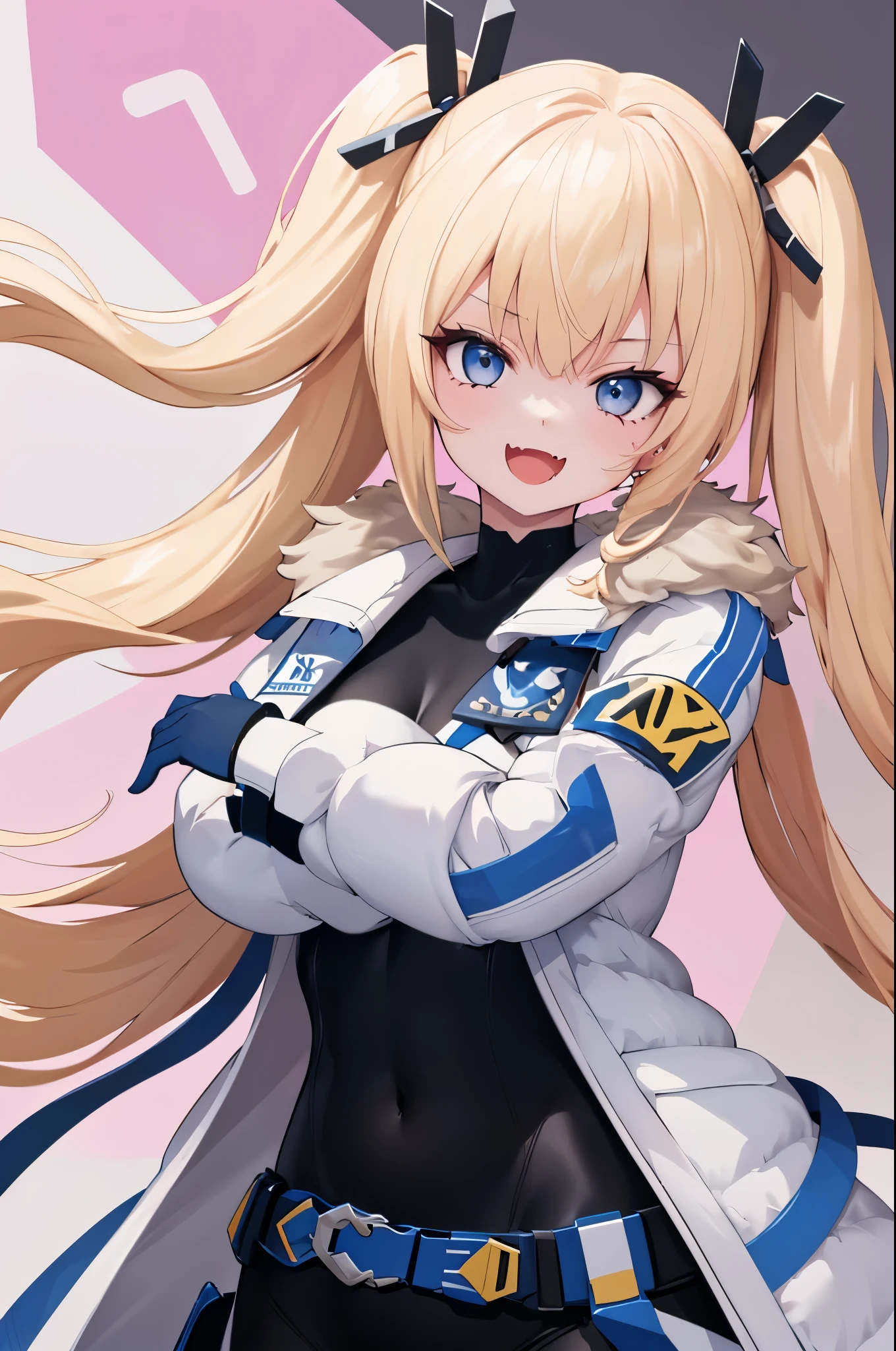 1petite_girl,masterpiece, highest quality,laplace,hair ornament, belt,white_front_open_coat_on_black_bodysuit,fur trim, gloves, blue boots,(upper body),open mouth,(crossed arms),(Standing in honor),big_Smile, smug_face, laugh,open_mouth,fang, bandage_on_cheek,:3 ,navel,groin,