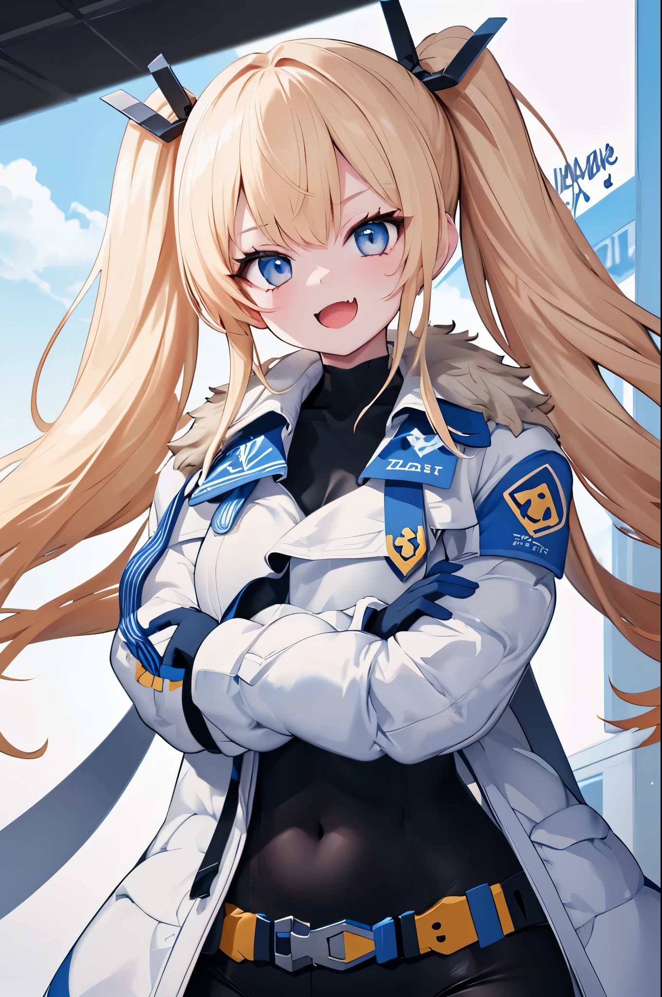 1petite_girl,masterpiece, highest quality,laplace,hair ornament, belt,white_front_open_coat_on_black_bodysuit,fur trim, gloves, blue boots,(upper body),open mouth,(crossed arms),(Standing in honor),big_Smile, smug_face, laugh,open_mouth,fang, bandage_on_cheek,:3 ,navel,groin,