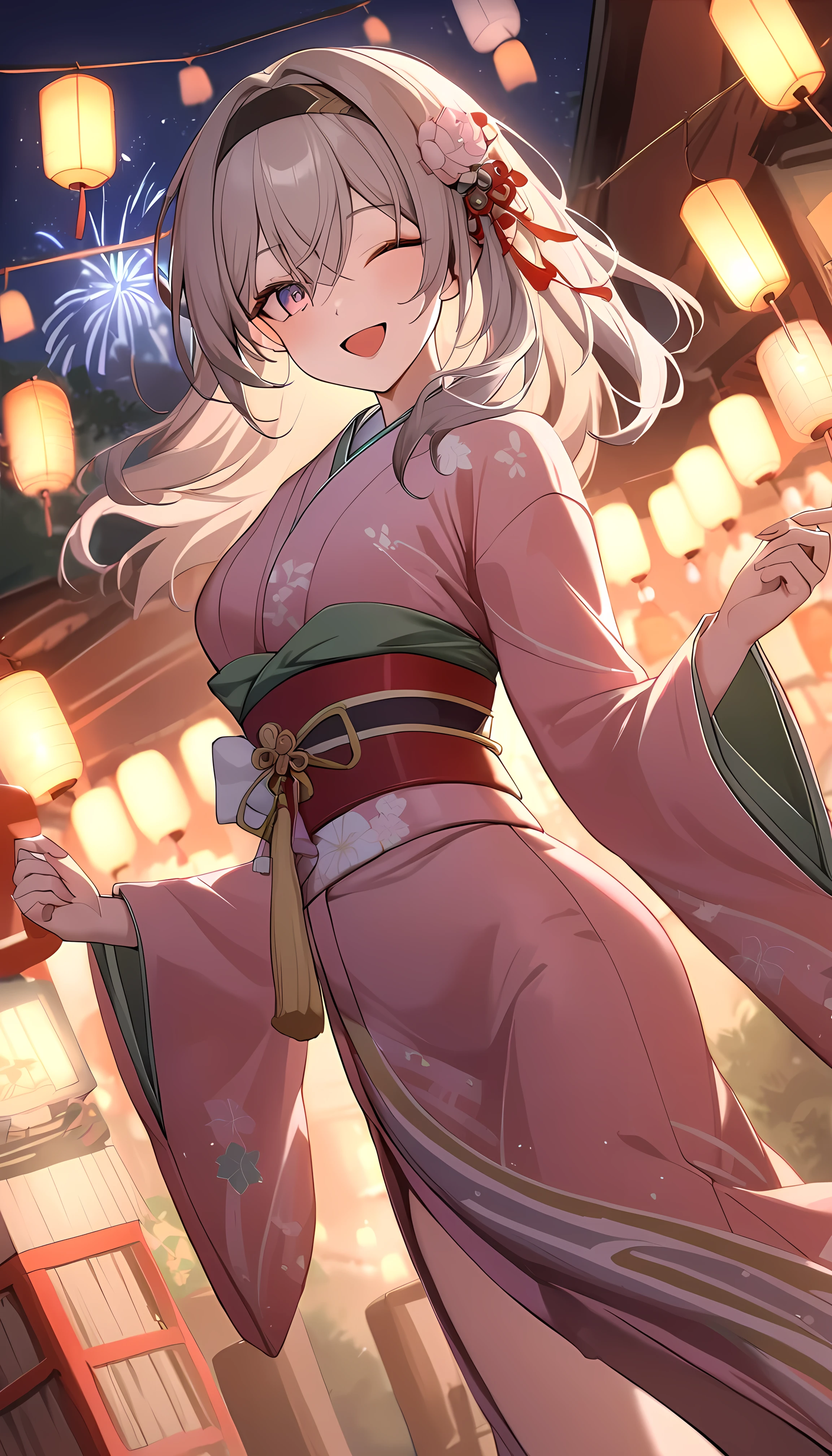  Great Quality , 最 High Quality ,  High Quality ,cinematic angle,  Cinematic Lights ,
 1 girl,alone,
festival, Japanese temple fair,
( kimono:1.3),(can),Gorgeous  kimono,beautiful  kimono,
,smile, open mouth,  eye closed ,
firework,Incense sticks,
 fireflies \(Collapse:  STAR RAIL\), hair flower, headband behind a tree,
