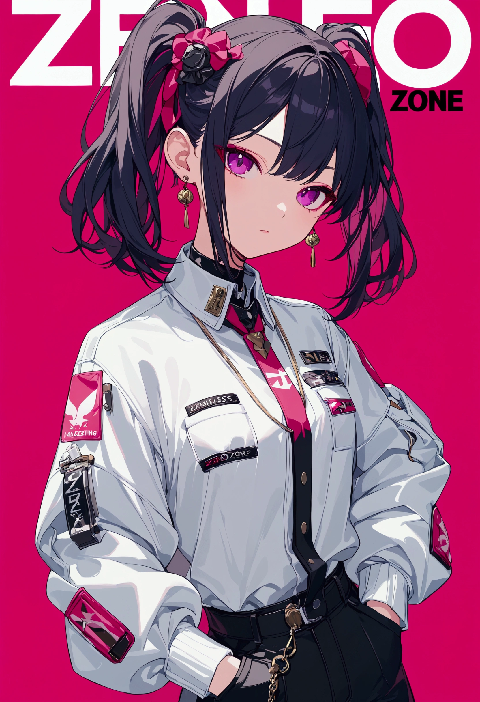 Hoshimi Miyabi (zenless zone zero), high details, high quality, award winning, best quality, highres, hot pink background, design like a cover arts, upper body hand on pocket, 