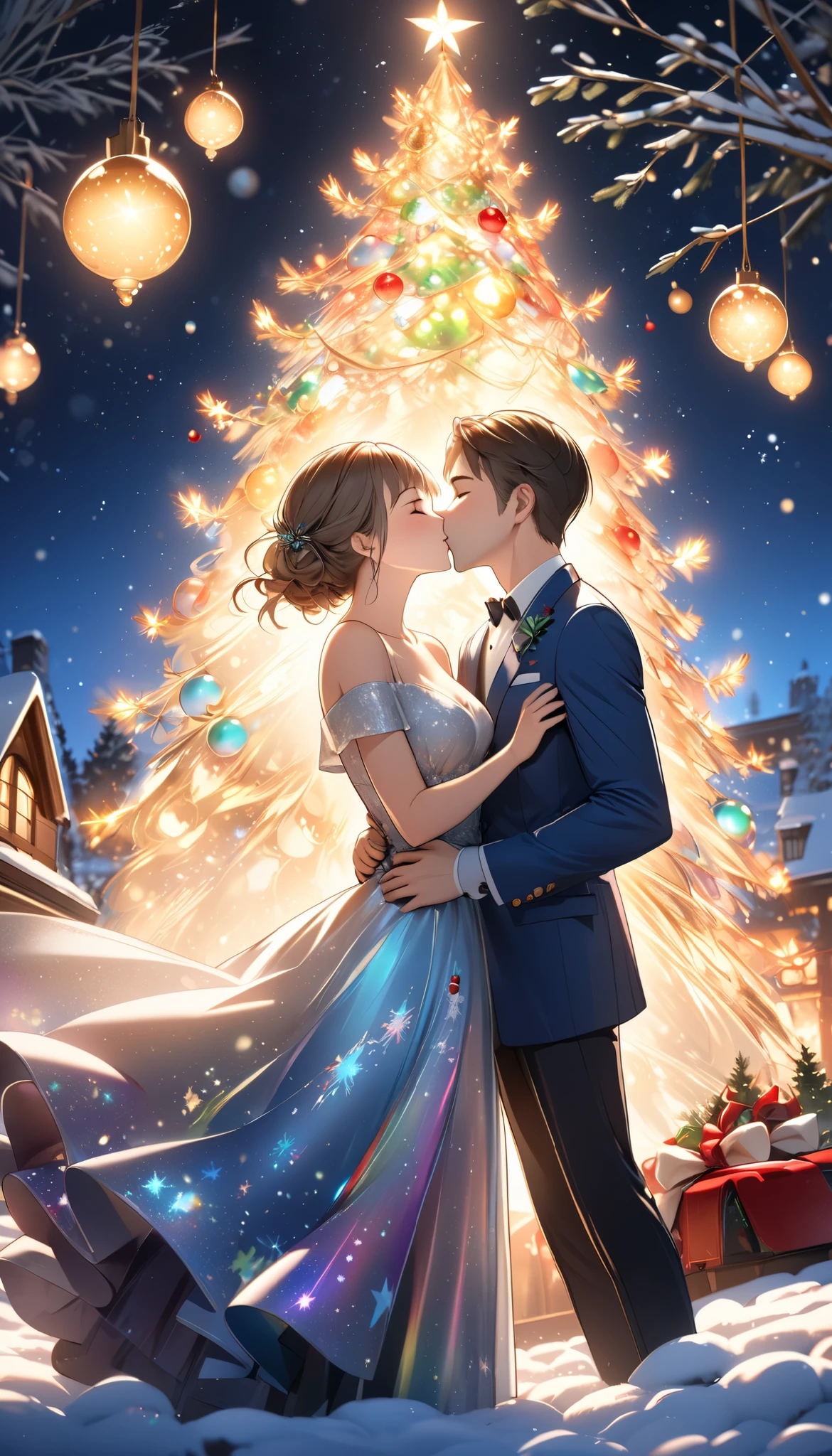 Dynamic, Christmas Eve Illustration, will cheer you up, perfect light art, increase transparency, Clear multi-color, coloring with transparent backlight to enhance transparency, Perfect light, (masterpiece, top quality:1.2, Max Image, highest resolution, 16k), Super Retina, high performance CG rendering), A couple going on a date, A very happy kiss , Dark night sky, mystical expression for Christmas Eve, ABM, ROUGH