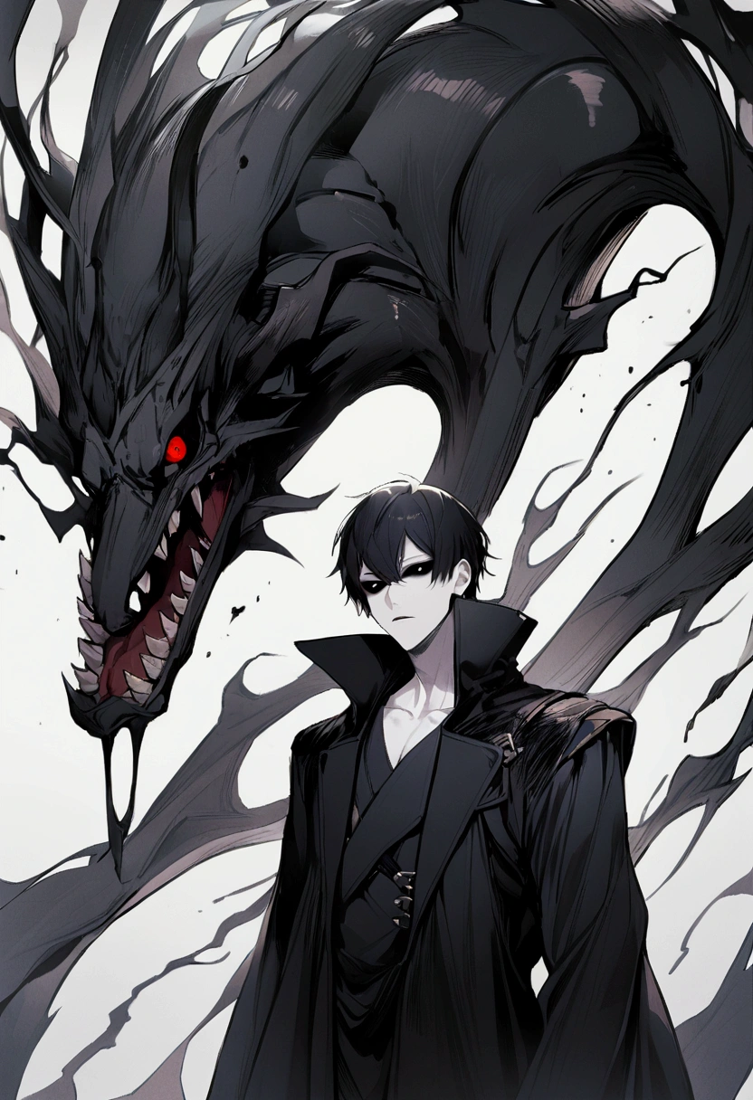 boy, black hair, pale white eyes, dark theme, cool, cold, stylish, high image quality , there is a dark monster behind