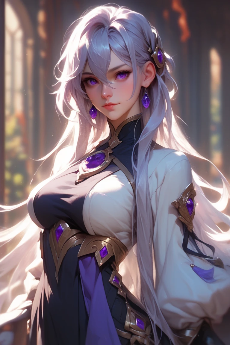 Background with,(8K, Best quality at best, tmasterpiece:1.2),\(Eyes detailed\),\(facial feature\)(Clothing details body detailssull bodyesbian,(surface focus) ,Very detailed CG-8k wallpaper,hugefilesize,ultra - detailed,A high resolution,Huang Li,beautidful eyes,ray traycing,Dramatic shadows,Detailed pubic hair,dramatic angles,hyper-detailing,(1 girl:1.3),(sonata),A beautyful girl,Long white hair,a purple eye.(flatchest:1.3),Skinny,Weakness of the body.Purple gray clothes,Taoist robes,