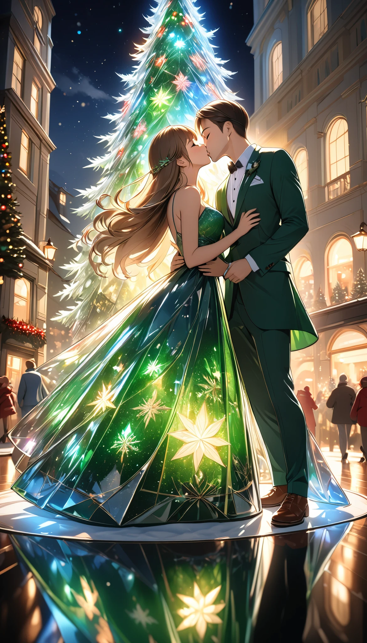 Dynamic, Christmas Eve Illustration, will cheer you up, perfect light art, increase transparency, Clear multi-color, coloring with transparent backlight to enhance transparency, Perfect light, (masterpiece,  top quality:1.2,  Max Image,  highest resolution, 16k), Super Retina,  high performance CG rendering), A couple going on a date, A very happy kiss , Dark night sky, transparent deep green coated christmas tree,  mystical expression for Christmas Eve, 