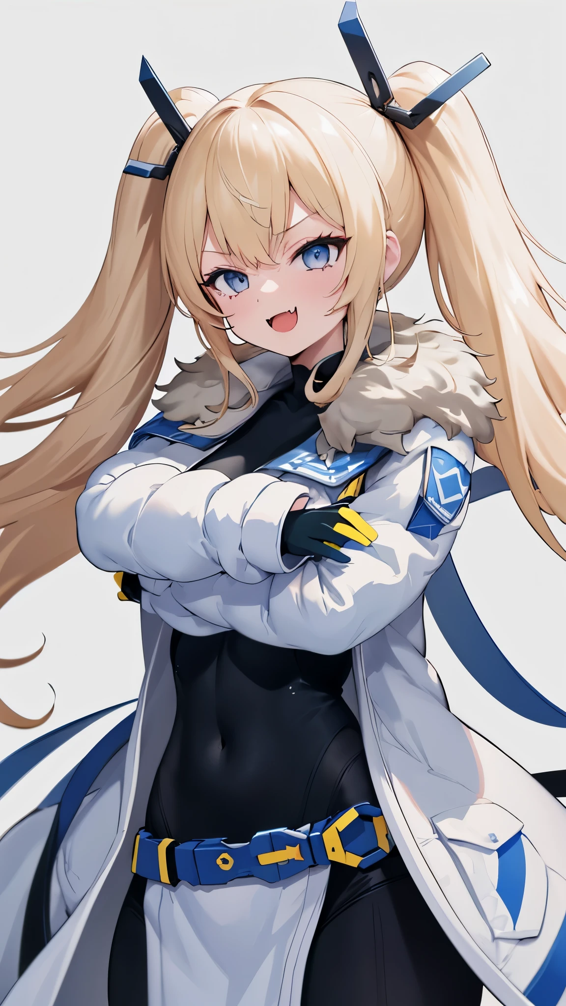 1petite_girl,masterpiece, highest quality,laplace,hair ornament, belt,white_front_open_coat_on_black_bodysuit,fur trim, gloves, blue boots,(upper body),open mouth,(crossed arms),(Standing in honor),big_Smile, smug_face, laugh,open_mouth,fang, bandage_on_cheek,:3 ,navel,groin,