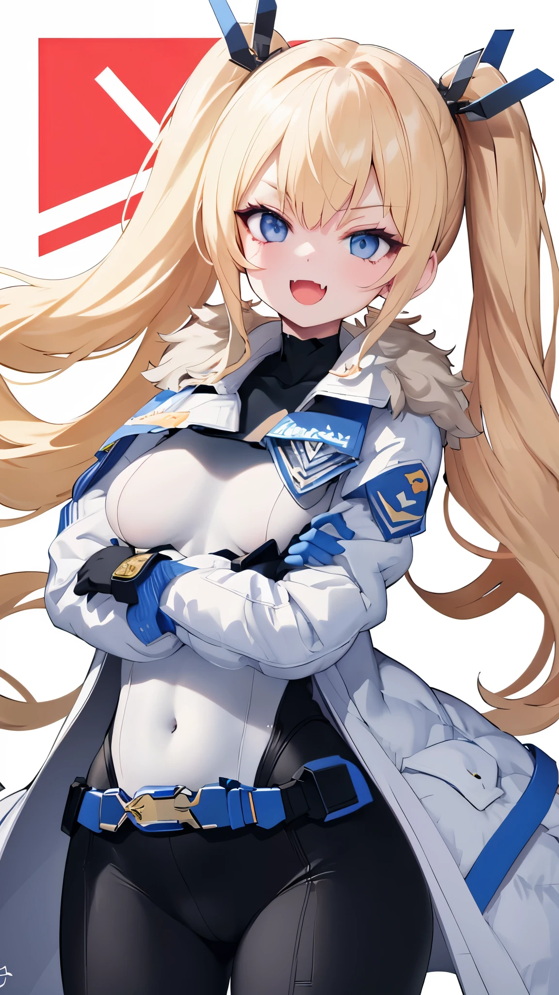 1petite_girl,masterpiece, highest quality,laplace,hair ornament, belt,white_front_open_coat_on_black_bodysuit,fur trim, gloves, blue boots,(upper body),open mouth,(crossed arms),(Standing in honor),big_Smile, smug_face, laugh,open_mouth,fang, bandage_on_cheek,:3 ,navel,groin,