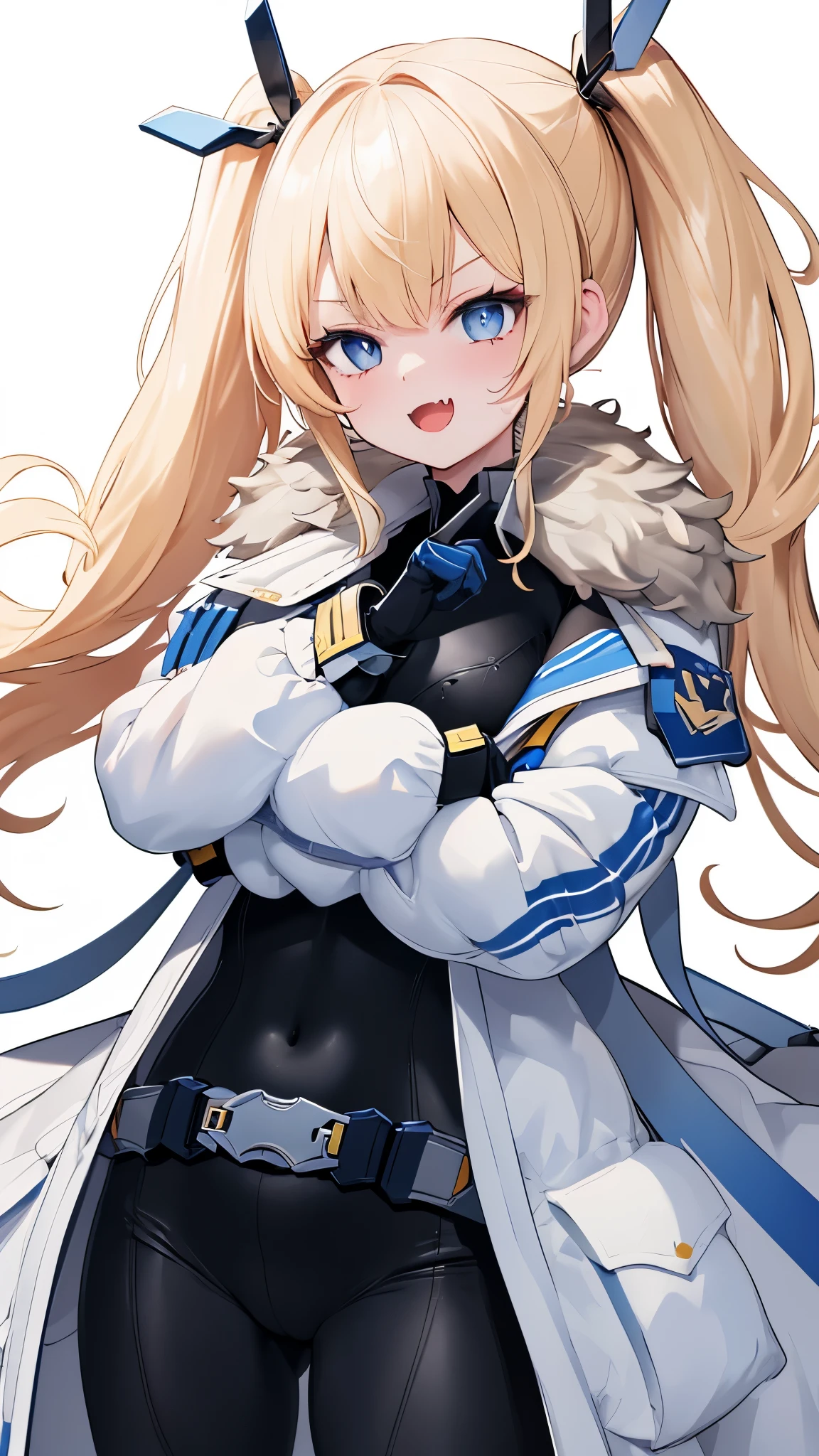 1petite_girl,masterpiece, highest quality,laplace,hair ornament, belt,white_front_open_coat_on_black_bodysuit,fur trim, gloves, blue boots,(upper body),open mouth,(crossed arms),(Standing in honor),big_Smile, smug_face, laugh,open_mouth,fang, bandage_on_cheek,:3 ,navel,groin,