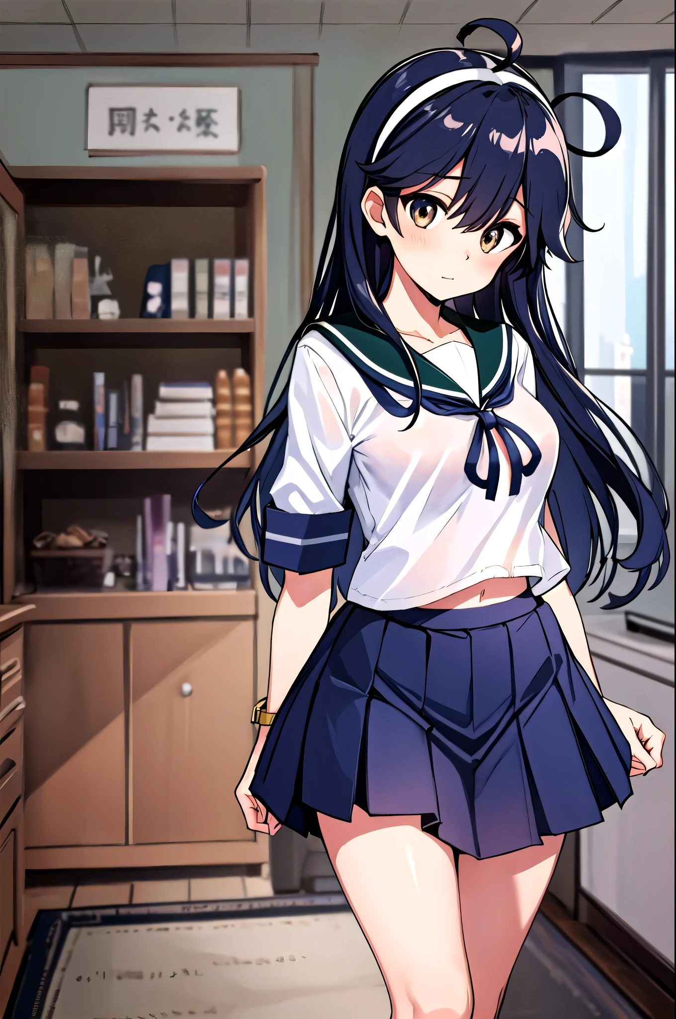  top quality,   masterpieces during breakfast ,  high definition , Alone, {Ushio_  fleet collection in h:1.15}, 長hair, 黒hair, Ahoge, 茶色eye, , chest,  sailor suit , 大きいchest,  1 girl, 青 sailor color, ,  sailor color,  school uniform, 青 skirt,  cardigan, Living Room Background,  skirt,  office background,  headband, プリーツ skirt, 白 headband, hair_between_eye, 