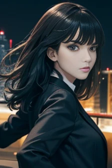 Handgun 1 :5、 holding a handgun with both hands 、Handgun 1 :3、Assassin、long black haired woman ( face forward)、 clear eyes、Angry face、 black jacket 、 white shirt、 black tight skirt、 slender figure、 is facing the viewer、Night City