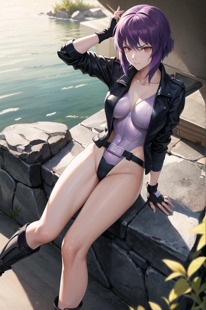   masterpieces during breakfast ,  top quality,  high definition , Akusanagi,  short hair,  purple hair,  Big Breasts ,  clevis on a stone,  leotard , highleg  leotard ,  black jacket ,  open jacket, fingerless gloves ,  White Belt ,  knee-high,  sitting,  standing,  head back, frown