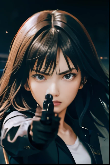 Handgun 1 :5、 holding a handgun with both hands 、Handgun 1 :3、Assassin、long black haired woman ( face forward)、 clear eyes、Angry face、 black jacket 、 white shirt、 black tight skirt、 slender figure、 is facing the viewer、Night City