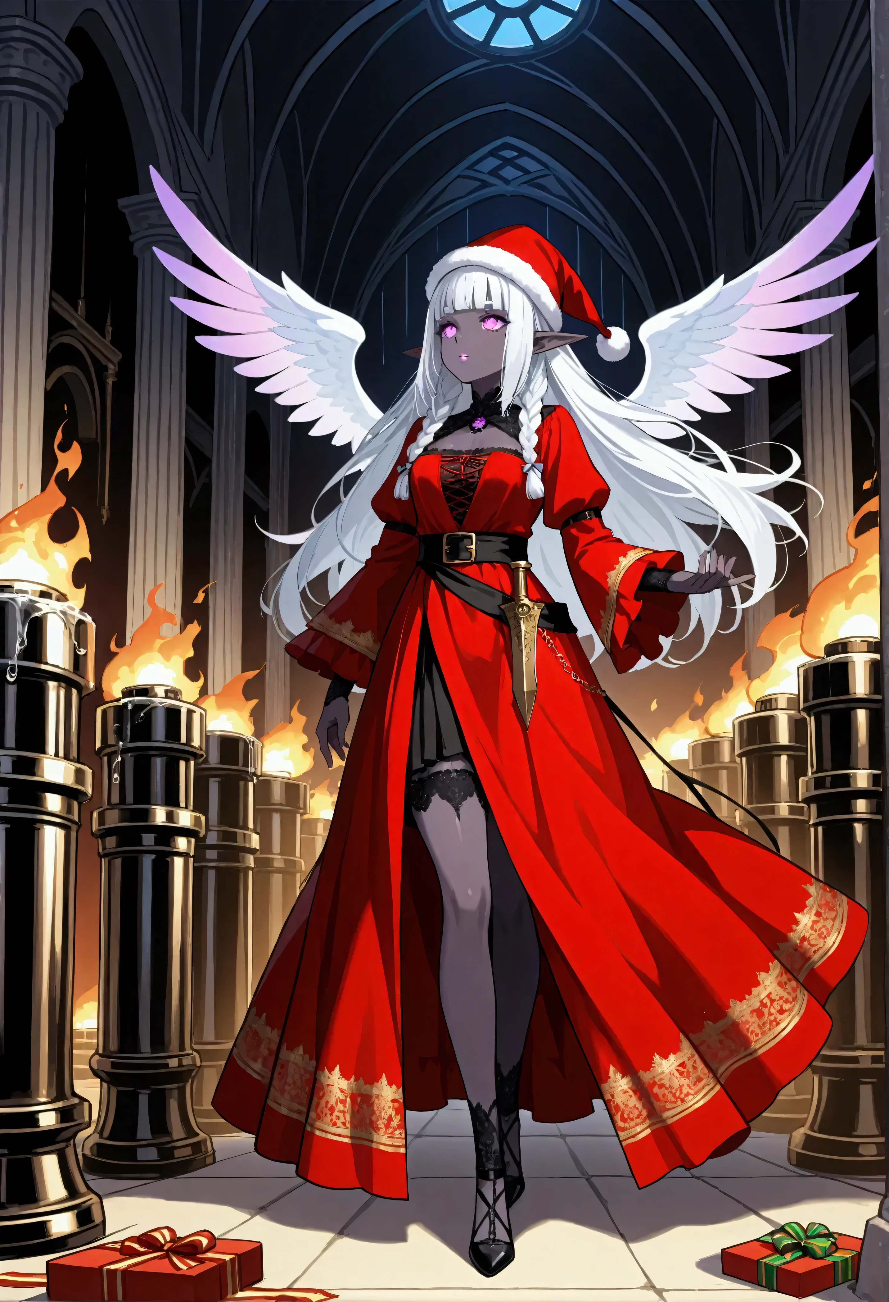 (Ultra-detailed face, Looking away, Fantasy Illustration with Gothic, Dark tone colors. Perspective looking up at the queen's throne.), BREAK 
(Christmas Eve night. In the Queen's Room of a huge gothic castle made of gears, pipes and glass. Next to a throne on a dais, a dark elf queen in a Santa Claus-style red dress smiles coldly and reaches out to hand you a box of Christmas presents with a large ribbon. Elves fluttering on tiny wings flit about among the queen, sprinkling light dust, and attendants and maids of honor dressed in medieval European-style costumes stand in line by the wall.), BREAK 
(A young dark elf queen with white hair, white eyebrows, blunt bangs, waist-length long messy hair, lavender glowing eyes, small pink lips, dark purple skin, and thick eyeliner.), BREAK 
(The dark elf queen wears a Santa Claus hat with gears, a Santa Claus-style dress of crimson transparent fabric with gold trim and silver lace ruffles over a gears, pipes, and glass body, a wide jet-black sash with gold trim around her waist, and an archaic dagger at her hip. High, braided ribbons like flames. She wears heels.), BREAK 
(The building and all the furniture in the room are made of gears and pipes and glass machines and magical contraptions. A view of the audience chamber of the queen of the elemental chaos world.)