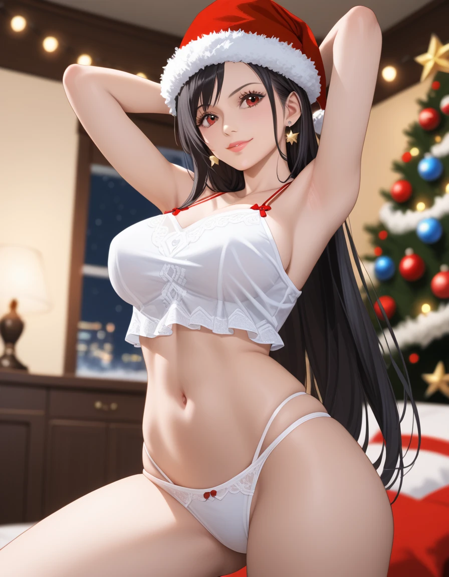 defTif, red eyes, black hair, low-tied long hair, earrings, (large breasts:1.2), one piece, photorealistic, detailed coloring, anime style, detailed high quality, chromatic aberrations, ultra detailed quality skin, detailed ray tracing lighting, masterpiece、 best quality、masterpiece,  high definition , 8K quality,  perfect face, solo, 1 girl, beautiful face, beautiful detailed eyes, Alone,  cute face、艶のある唇, confident smile, red cheek,  スレンダー, looking at viewer,  hair slicked back, collarbone, Staring at the viewer, (santa hat, Christmas costume, camisole, ganimata, Standing with spread legs pose), panties, from below, ass line, standing, spread legs, arms behind head, model pose, beside red bed, dynamic angle, cowboy shot, sensual expression, blurry background, covered nipples, festive decorations, twinkling lights, decorated Christmas tree, cozy indoor setting, warm color tones,