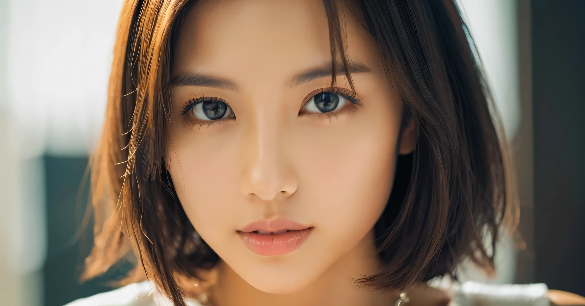 (highest quality、8K、32k、masterpiece、nffsw:1.2)、cute japanese women photos、big and full breasts、very short bobbed hair、Upper body、surface focus、extra large_sweater、necklace、Background of the café、From above、Viewer looking x4、(8K、RAW photo、highest quality、masterpiece:1.2)、(realistic、Photoreal:1.37)、1 girl、cute、professional lighting、photon mapping、Physically based rendering、gradient brunette hair、short curly hair、Handsome、girly、excellent image quality、High resolution、1080p、(clean face)、(Detailed facial description)、(Detailed hand explanation)、(Masseter muscle part)、(Detailed CG)、 extreme light and shadow、hair is dirty、masterpiece、rich details、(exquisite features)、(best image quality)、(masterpiece)、(detailed eye)、looking forward to your eyes、delicate clavicle、Various poses、Don&#39;don&#39;t watch the mela、profile、Photographed inside the cafe、Spring clothes、simple necklace、light blue knit