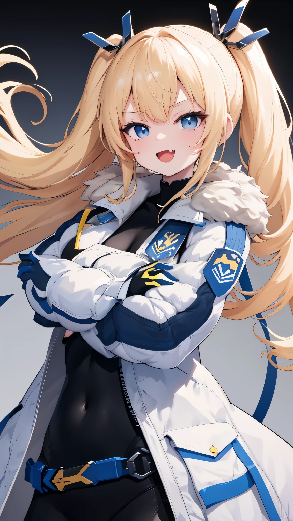 1petite_girl,masterpiece, highest quality,laplace,hair ornament, belt,white_front_open_coat_on_black_bodysuit,fur trim, gloves, blue boots,(upper body),open mouth,(crossed arms),(Standing in honor),big_Smile, smug_face, laugh,open_mouth,fang, bandage_on_cheek,:3 ,navel,groin,