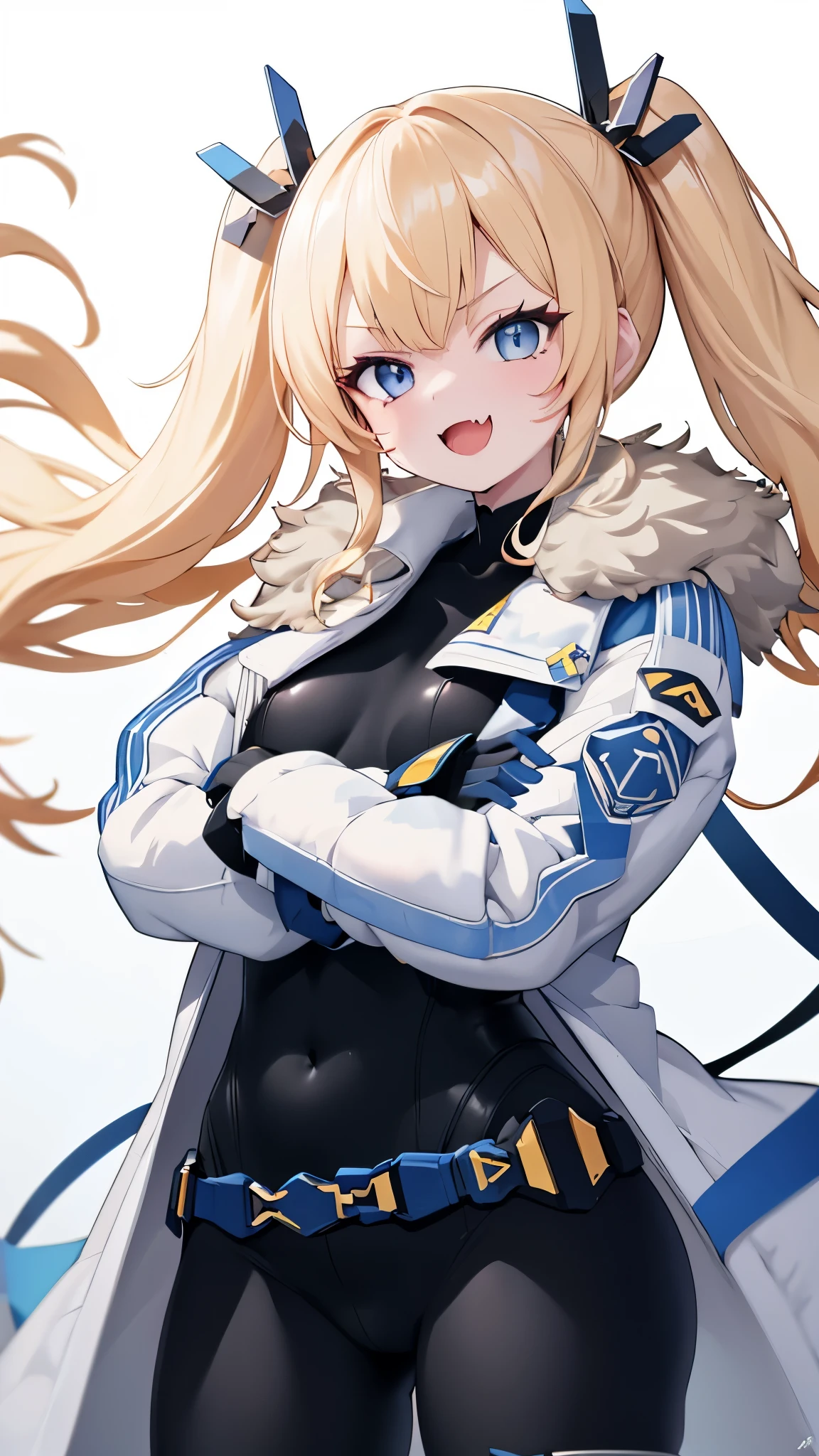 1petite_girl,masterpiece, highest quality,laplace,hair ornament, belt,white_front_open_coat_on_black_bodysuit,fur trim, gloves, blue boots,(upper body),open mouth,(crossed arms),(Standing in honor),big_Smile, smug_face, laugh,open_mouth,fang, bandage_on_cheek,:3 ,navel,groin,