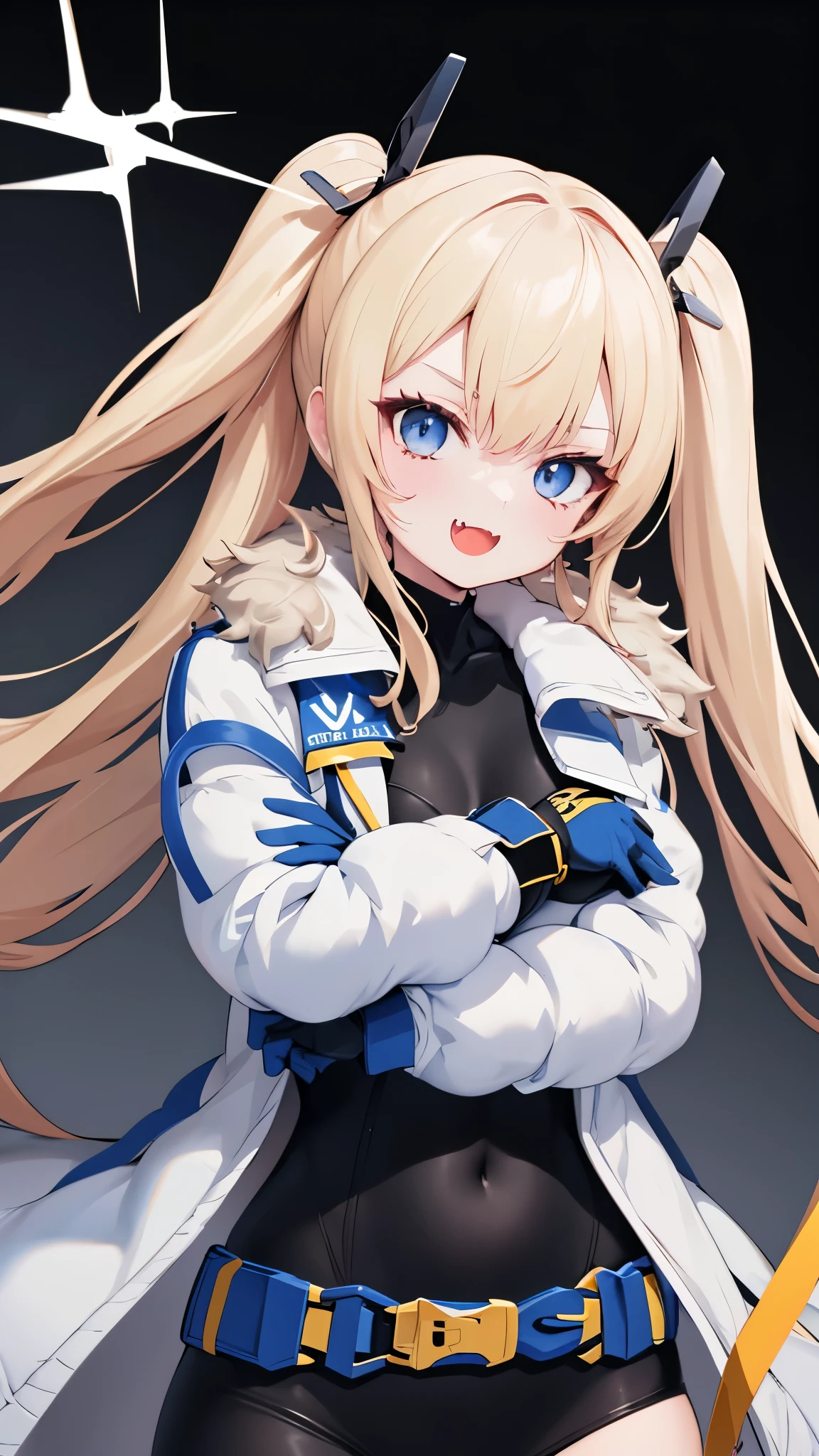 1petite_girl,masterpiece, highest quality,laplace,hair ornament, belt,white_front_open_coat_on_black_bodysuit,fur trim, gloves, blue boots,(upper body),open mouth,(crossed arms),(Standing in honor),big_Smile, smug_face, laugh,open_mouth,fang, bandage_on_cheek,:3 ,navel,groin,