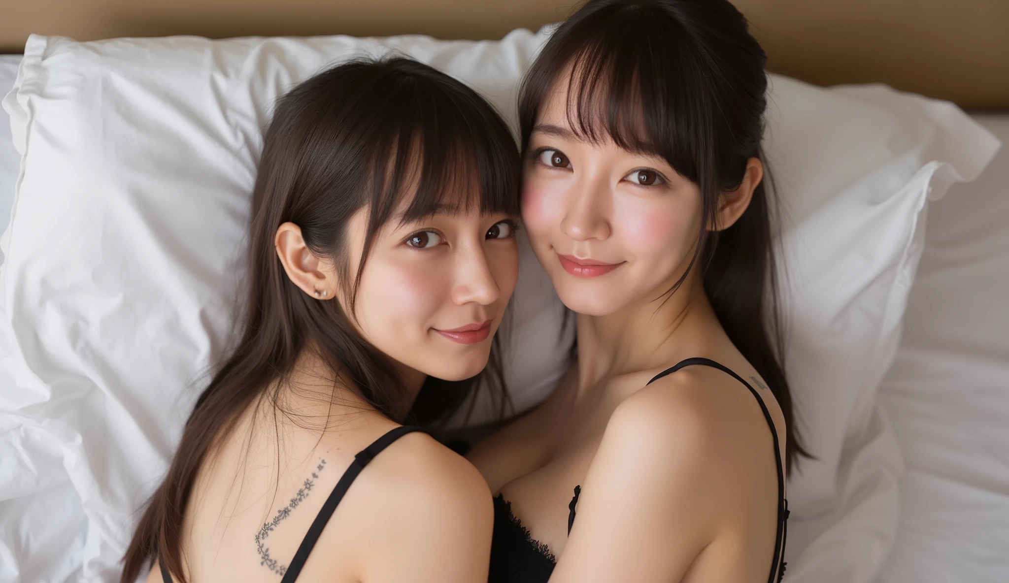 slender, mature Japanese female, 1girl, long Hair, brown hair, bangs, nose, indoors, brown hair, large breasts, solo, bangs, wing collar, eyebrows visible through hair, nestled in the plush, white linens of her hotel bed, She’s wearing Frilly black babydoll and matching shorts, (lie on one’s back, on bed, spread legs:1.3), with the morning light filtering through sheer curtains behind her. Her expression is peaceful, with sexual ecstasy face, embodying a relaxed start to the day. The opulent headboard and the fluffy pillows frame her, highlighting the luxury of her surroundings