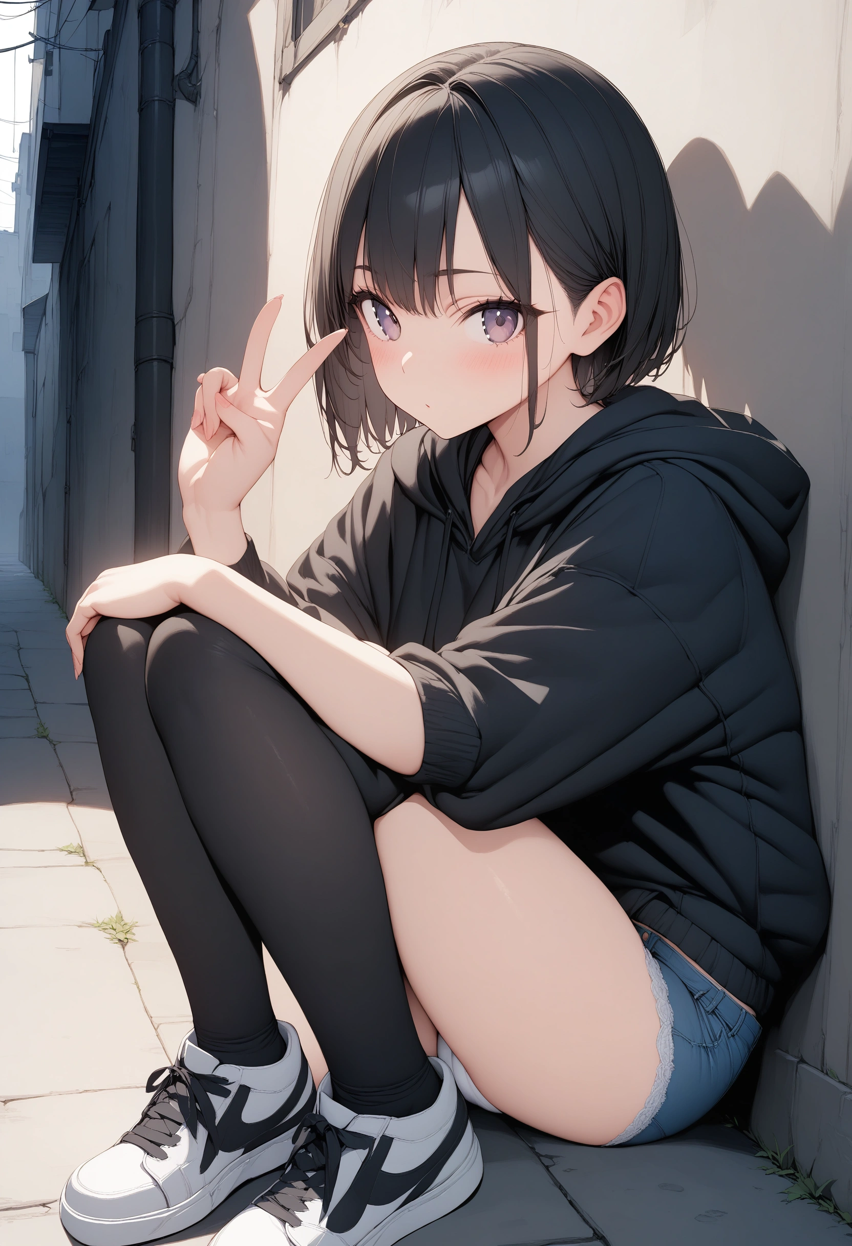 Masterpiece, ultra detailed, 8k, best quality, Back Alley, novel illustration, 18 years old, 1girl,  plain black hoodie,  denim miniskirt, black long thighhighs, sneakers, panties, sit with your knees up, lean against the wall, double V,  black hair, Short Hair