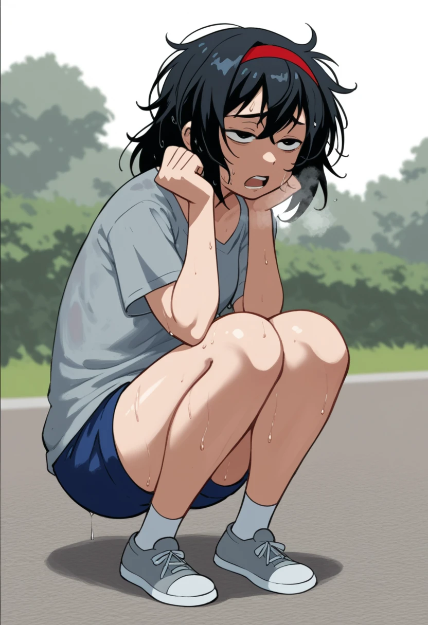 KPYoriGirl, score_9, 1girl, solo, outdoors, in school, oversized gray tshirt, blue shorts, bending ovet pose, tired, half body, sweaty, out of breath, dripping sweat, wet with sweat, open mouth, hands on knees soaked with sweat on shirt, messy hair, red headband