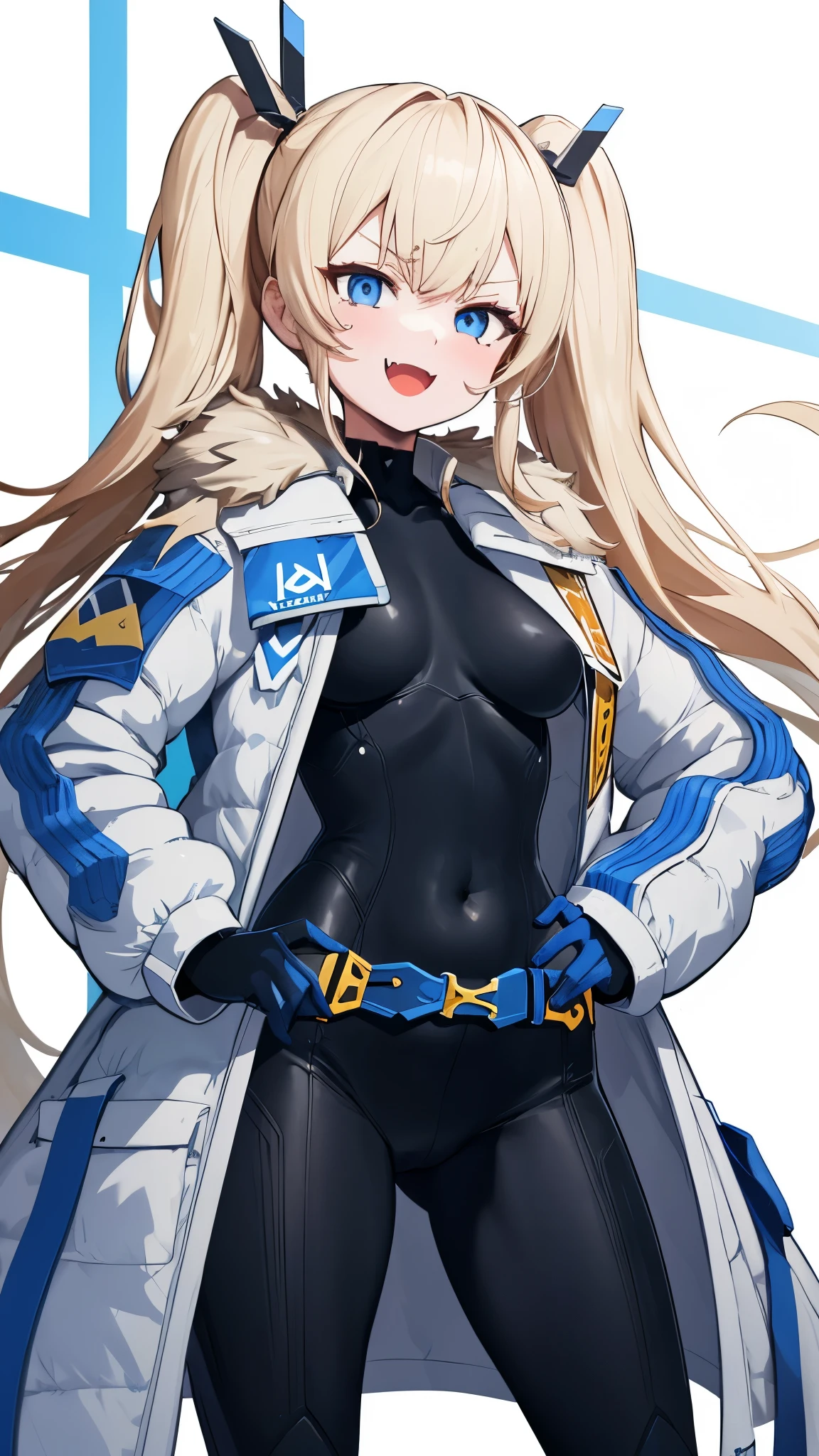 1petite_girl,masterpiece, highest quality,laplace,hair ornament, belt,white_front_open_coat_on_black_bodysuit,fur trim, gloves, blue boots,(upper body),open mouth,(put hands_on_hips),(Standing_in_honor),big_Smile, smug_face, laugh,open_mouth,fang, bandage_on_cheek,:3 ,navel,groin,nihil