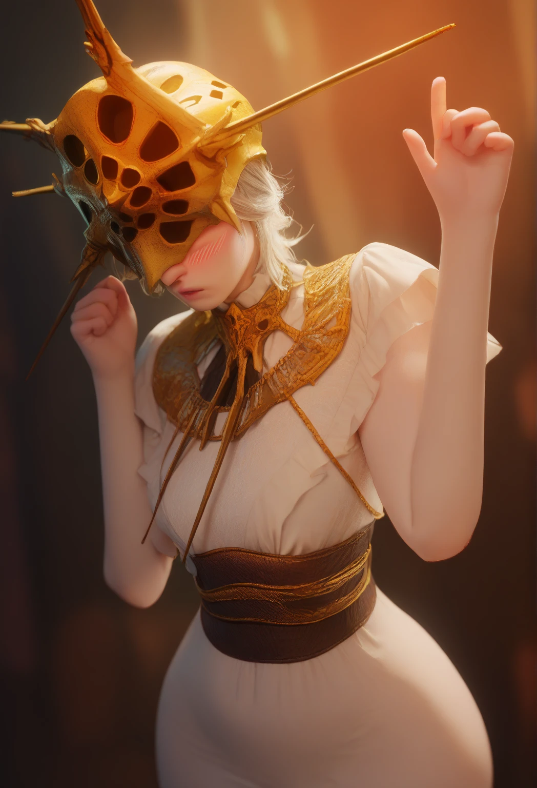 A pure white android, gothic style, pointed horns with gold chains, blindfolded, detailed carving, (best quality,4k,8k,highres,masterpiece:1.2),ultra-detailed,(realistic,photorealistic,photo-realistic:1.37),3D render, cinematic lighting, dramatic shadows, intricate details, metallic finish, chiaroscuro, dark fantasy, dramatic composition