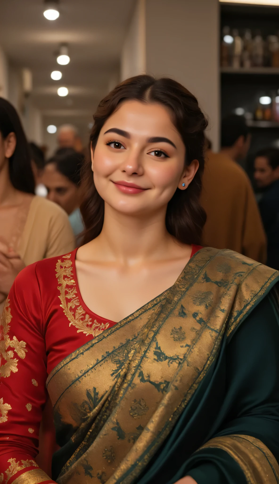 1 girl, alone, solo, busty Pakistani (Hania Amir),(big breasts), Hyperrealism, (smiling with dimples), with intricate details of the iris and lashes,. Her honey-colored eyes contrast with her face, which is accentuated by the red lipstick applied to her slightly parted lips. The overall artwork exudes an air of mystery and charm.detailed and brilliant golden eye with surprising results, in local market, hourly glass figure, crowded bazaar, (Pakistani print shiny satin plain saree:1.3) tight traditional wedding silk saree, natural breasts, (skin hugging Pakistani shiny saree), milky skin, (round deep neck saree), pale skin, (plain blouse:1.4), soft shadows ,(dimples:1.3) SkinDetail ,snap by greg rutkowski, ()